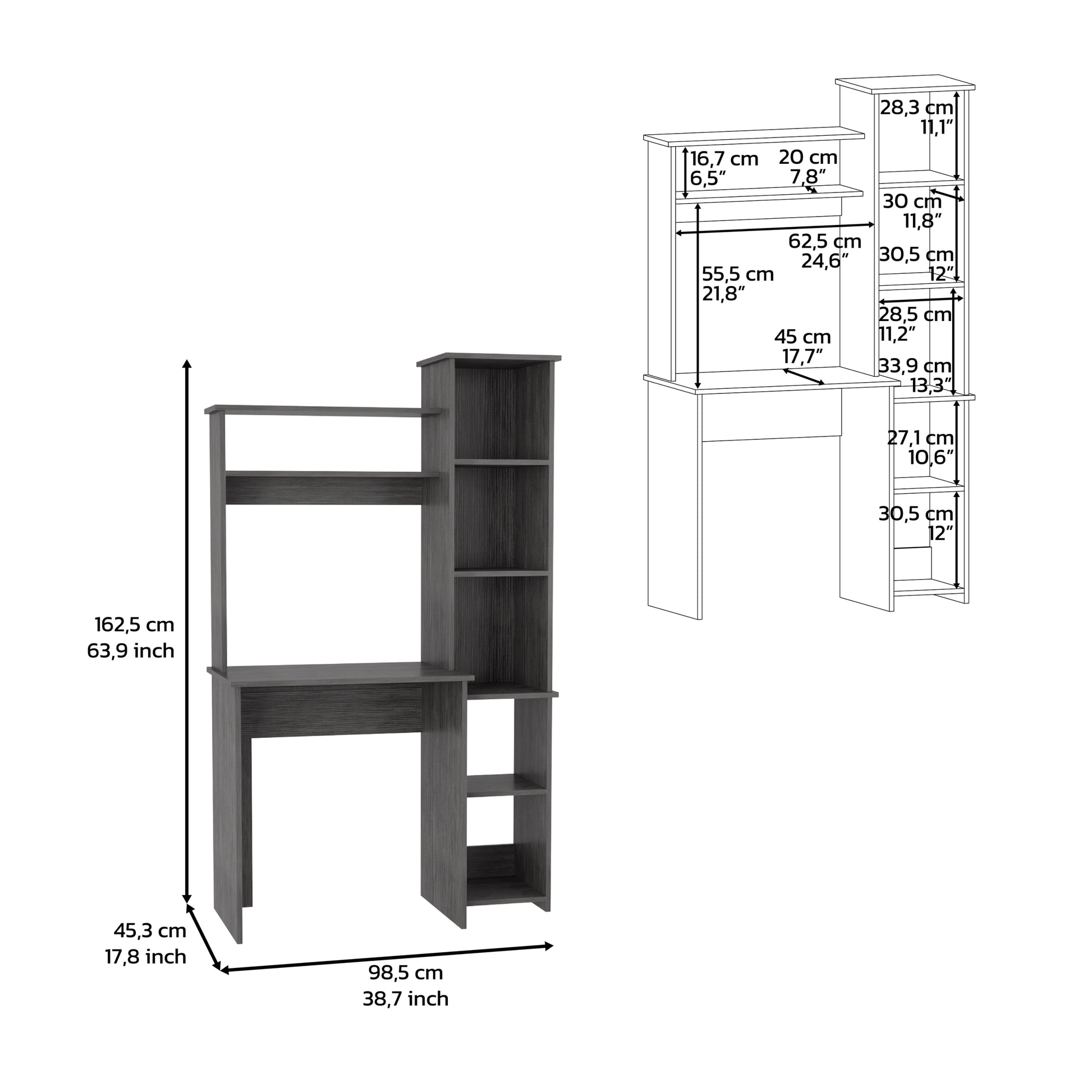 Desk Logan, Five Cubbies, Smokey Oak Finish Gray Particle Board