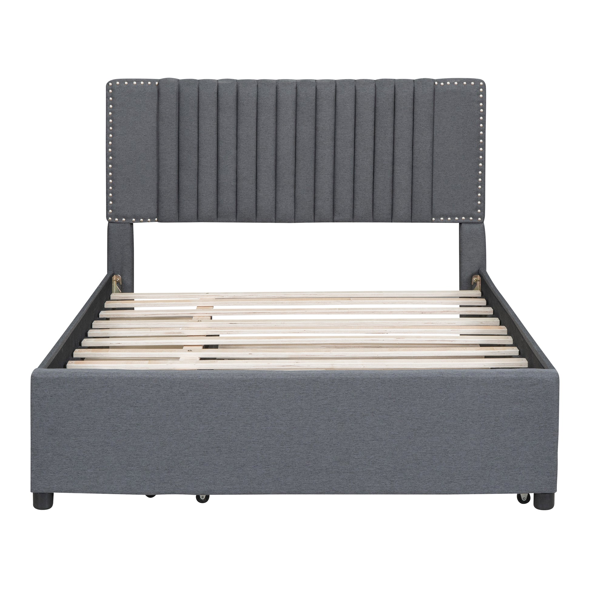 Full Size Upholstered Platform Bed With 2 Drawers And 1 Twin Size Trundle, Classic Headboard Design, Gray Gray Linen