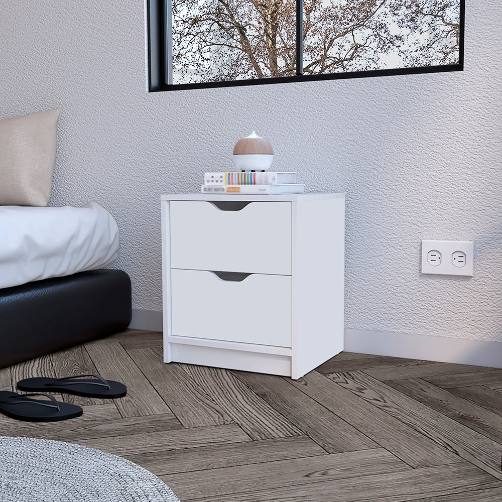 Nightstand Gandu, Two Drawers, White Finish White Particle Board