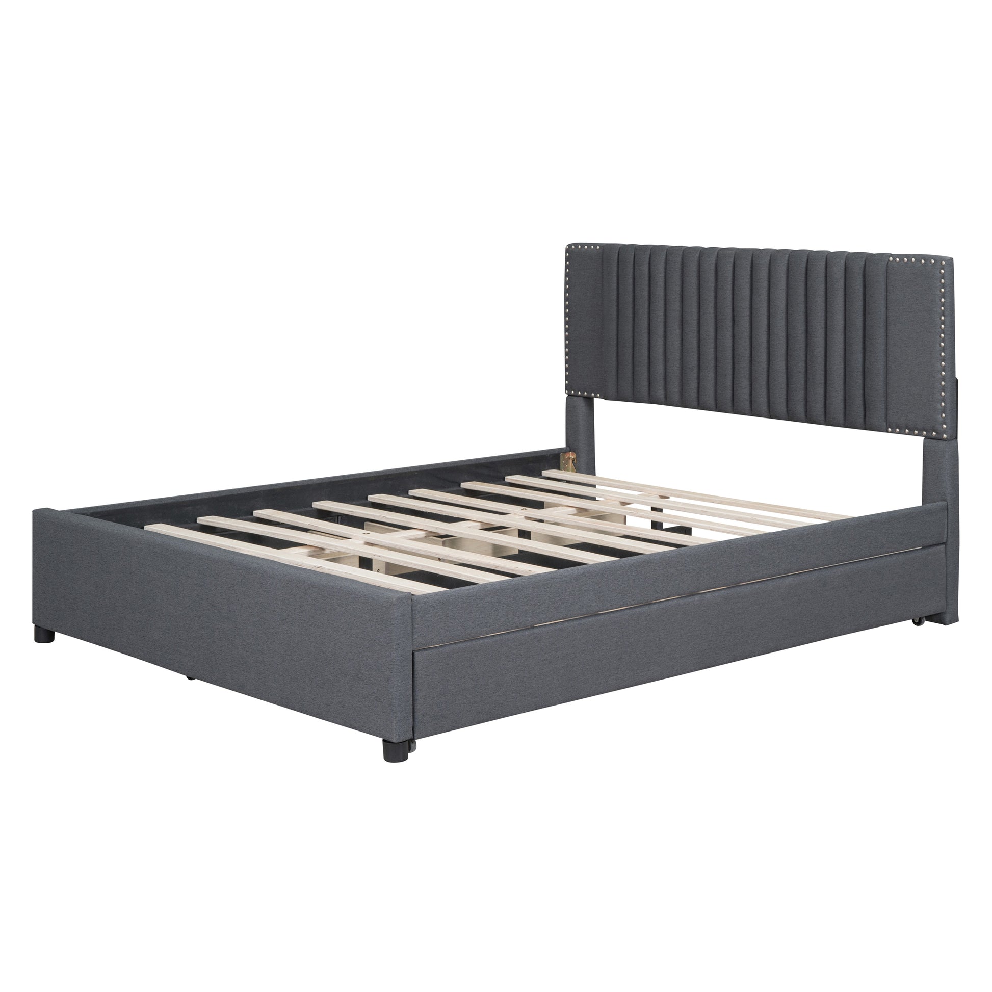 Queen Size Upholstered Platform Bed With 2 Drawers And 1 Twin Xl Trundle, Classic Headboard Design, Gray Gray Linen