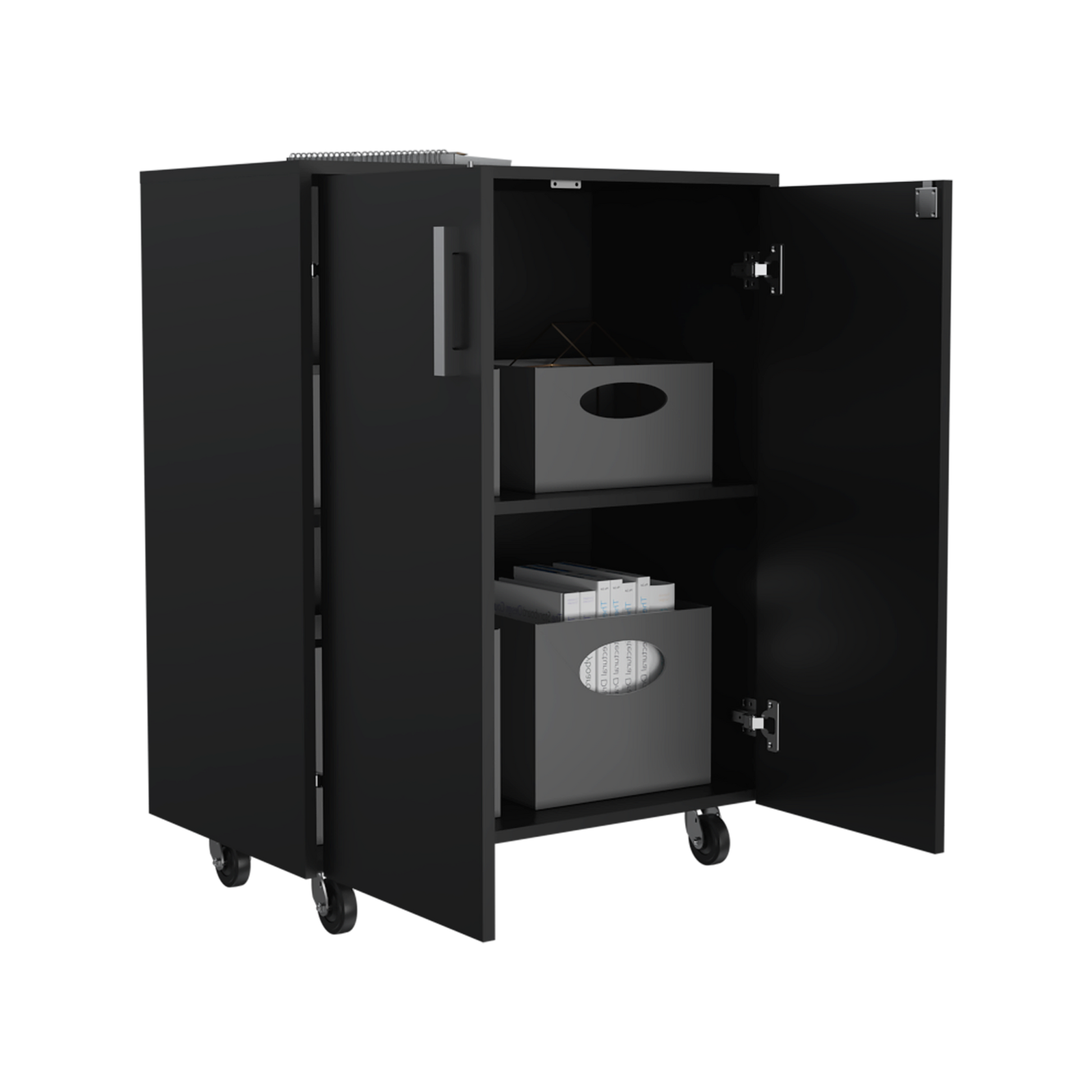 Storage Cabinet Lions, Double Door And Casters, Black Wengue Finish Gray Particle Board