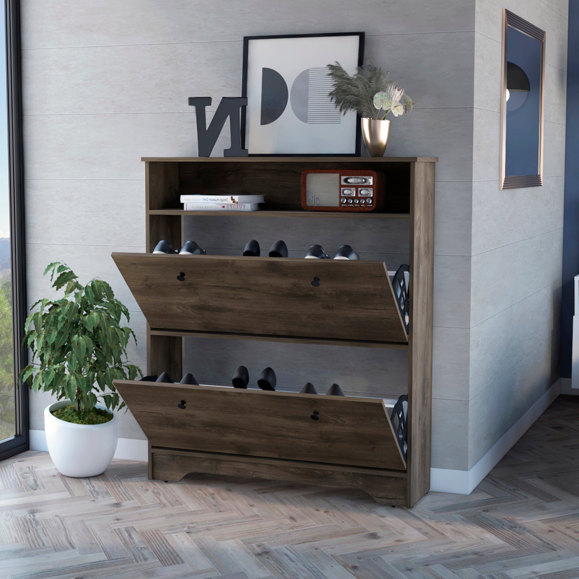 Shoe Rack Dublin, One Open Shelf, Two Extendable Cabinets, Dark Brown Finish Dark Brown Particle Board