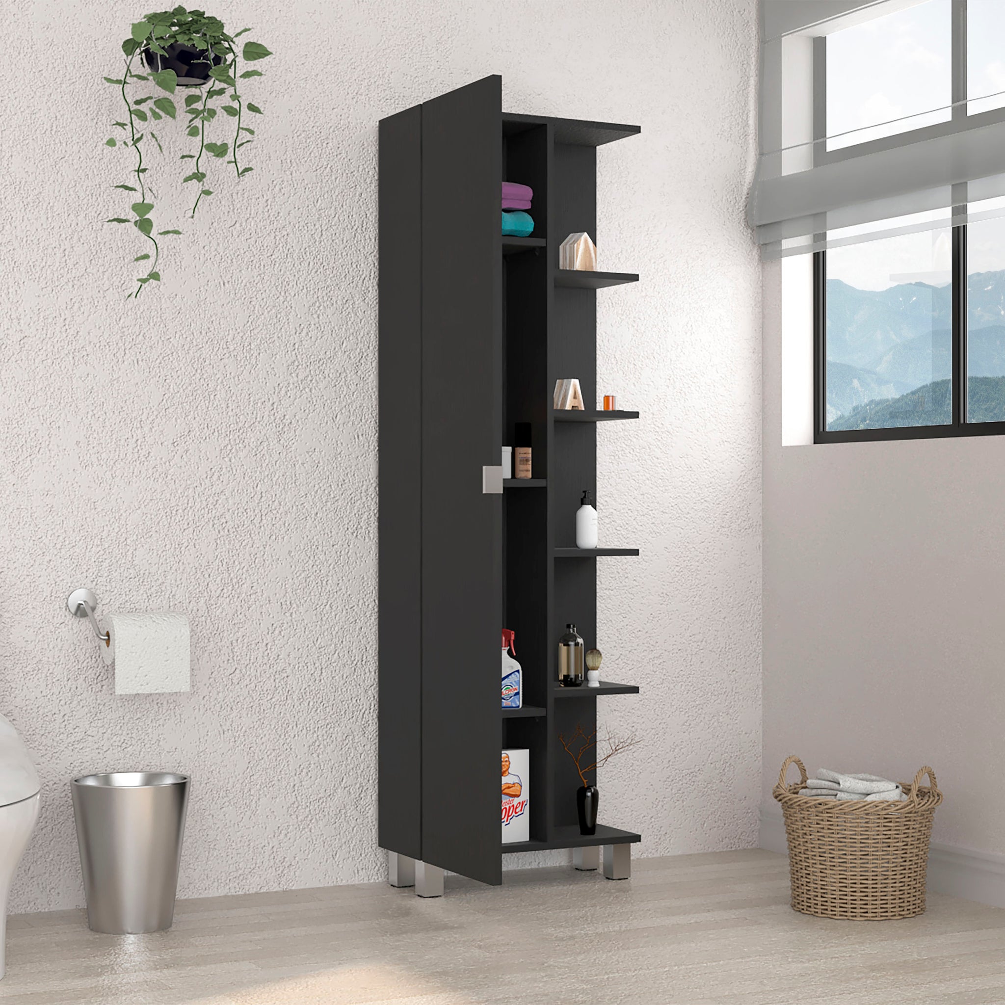 Corner Cabinet Womppi, Five Open Shelves, Single Door, Black Wengue Finish Black Particle Board