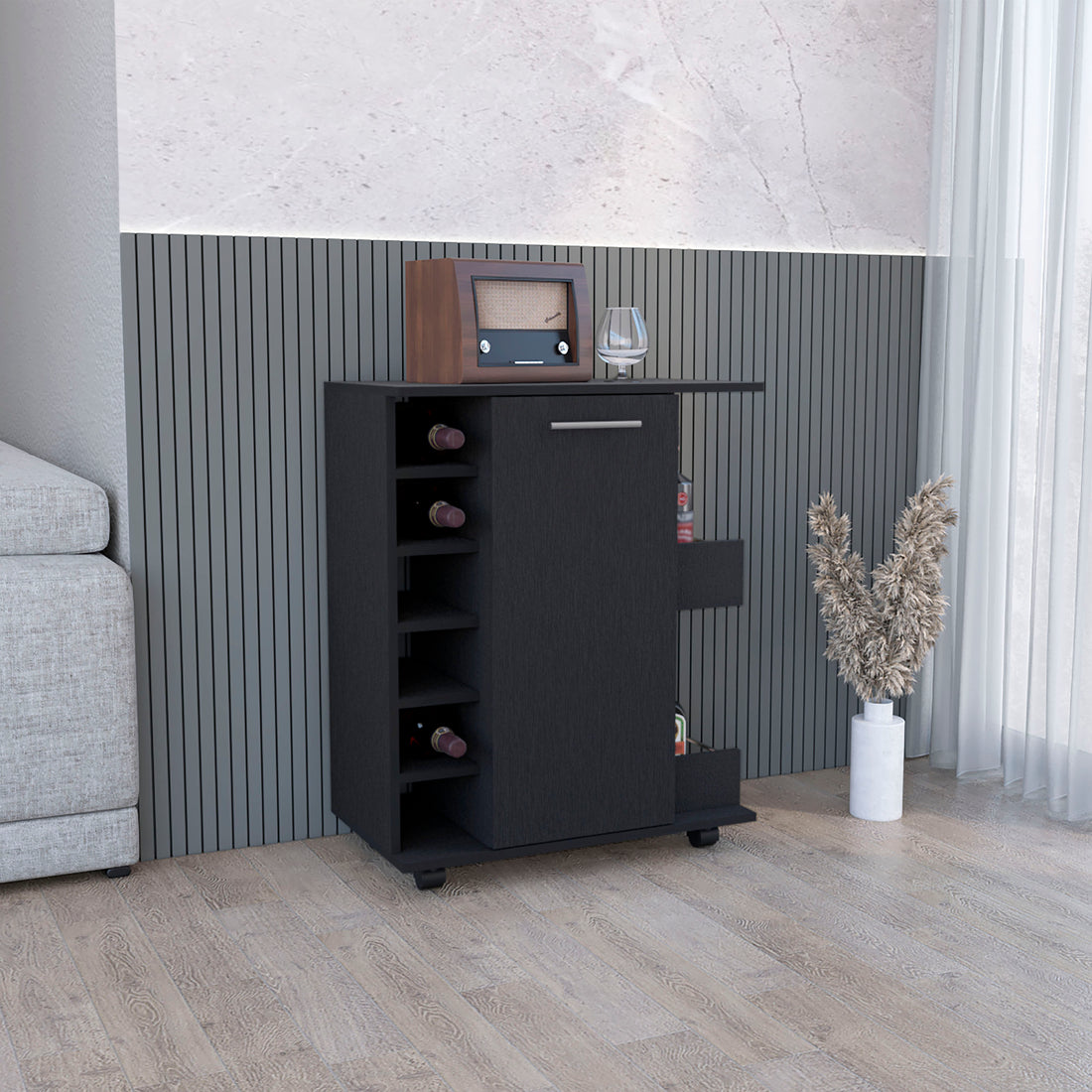 Bar Cart With Six Wine Cubbies Cabot, Two Side Storage Shelves And Casters, Black Wengue Finish Black Particle Board