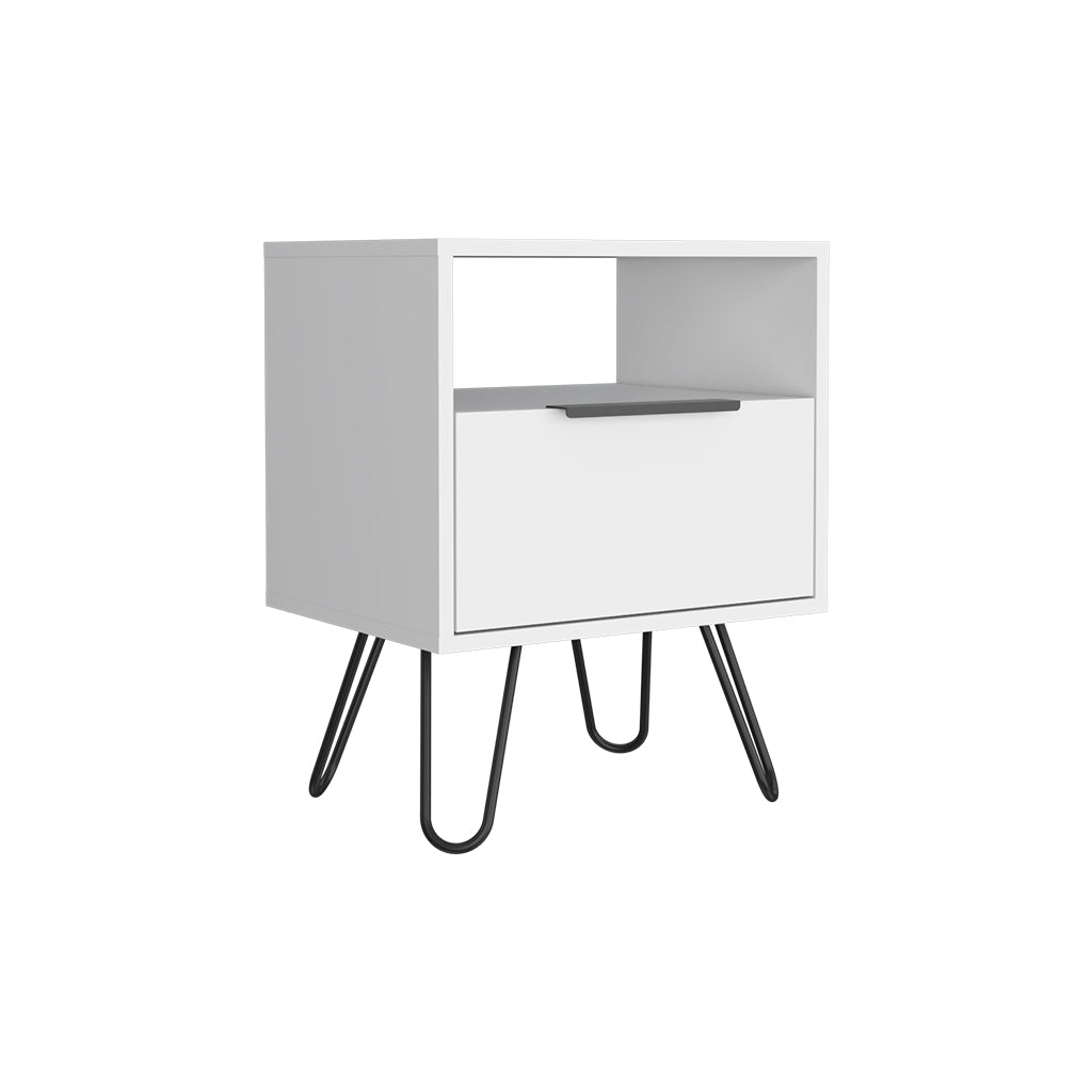 Nightstand Skyoner, Single Drawer, Hairpin Legs, White Finish White Particle Board