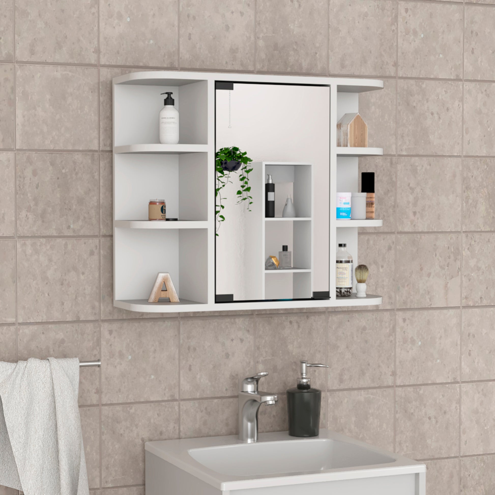 Medicine Cabinet Milano, Six External Shelves Mirror, White Finish White Particle Board