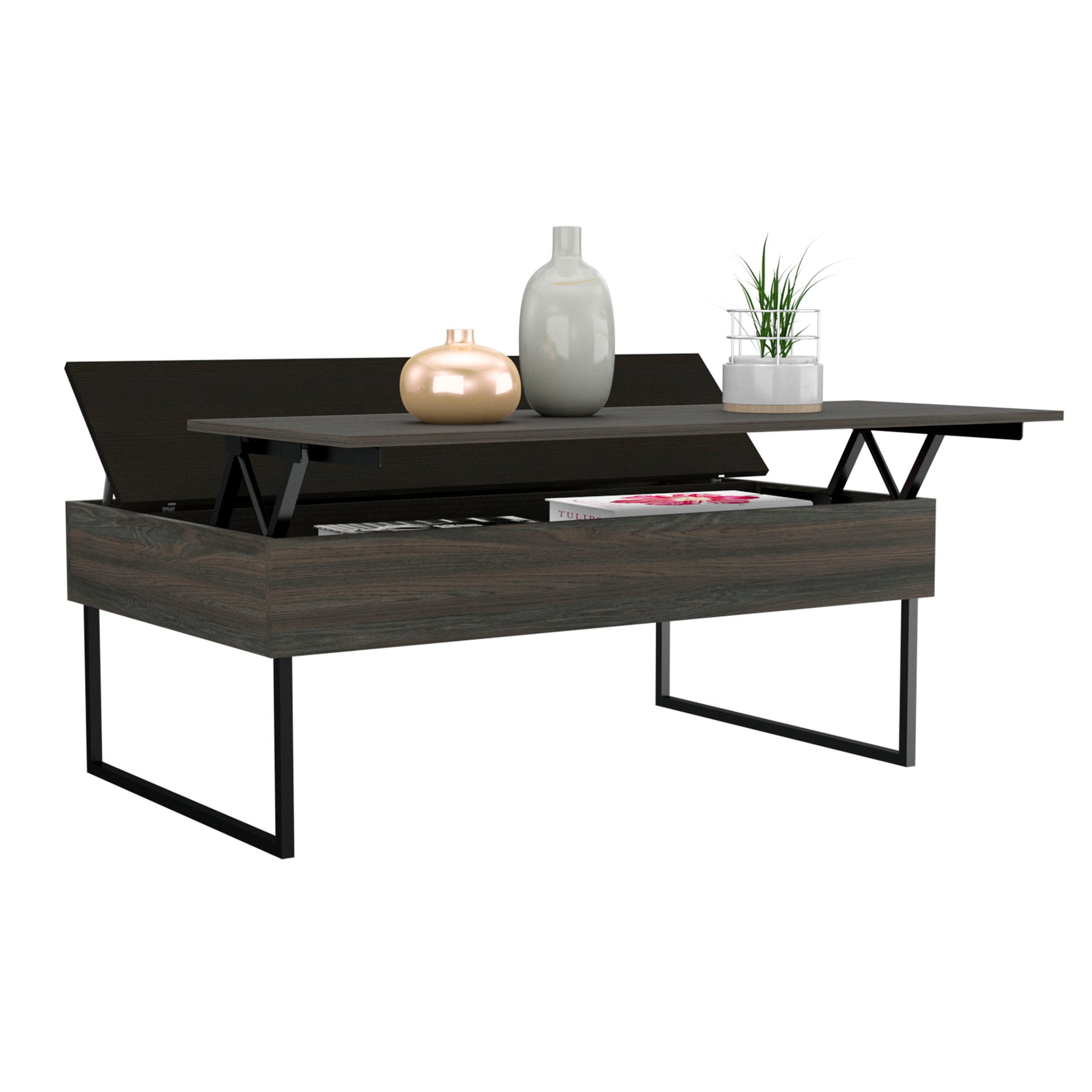 Lift Top Coffee Table Wuzz, Two Legs, Two Shelves, Carbon Espresso Black Wengue Finish Espresso Particle Board