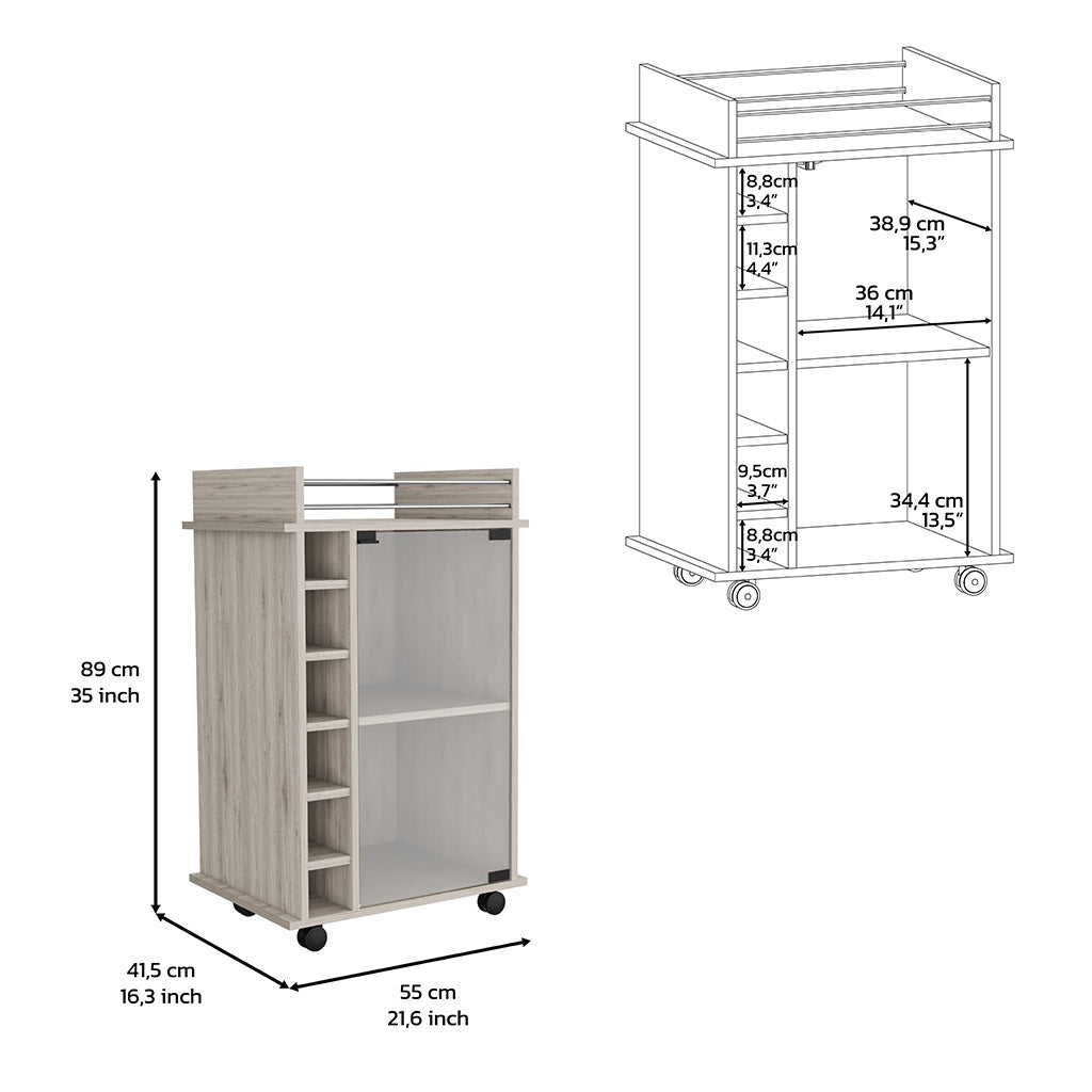 Bar Cart Baltimore, Six Wine Cubbies, Light Gray Finish Light Gray Particle Board