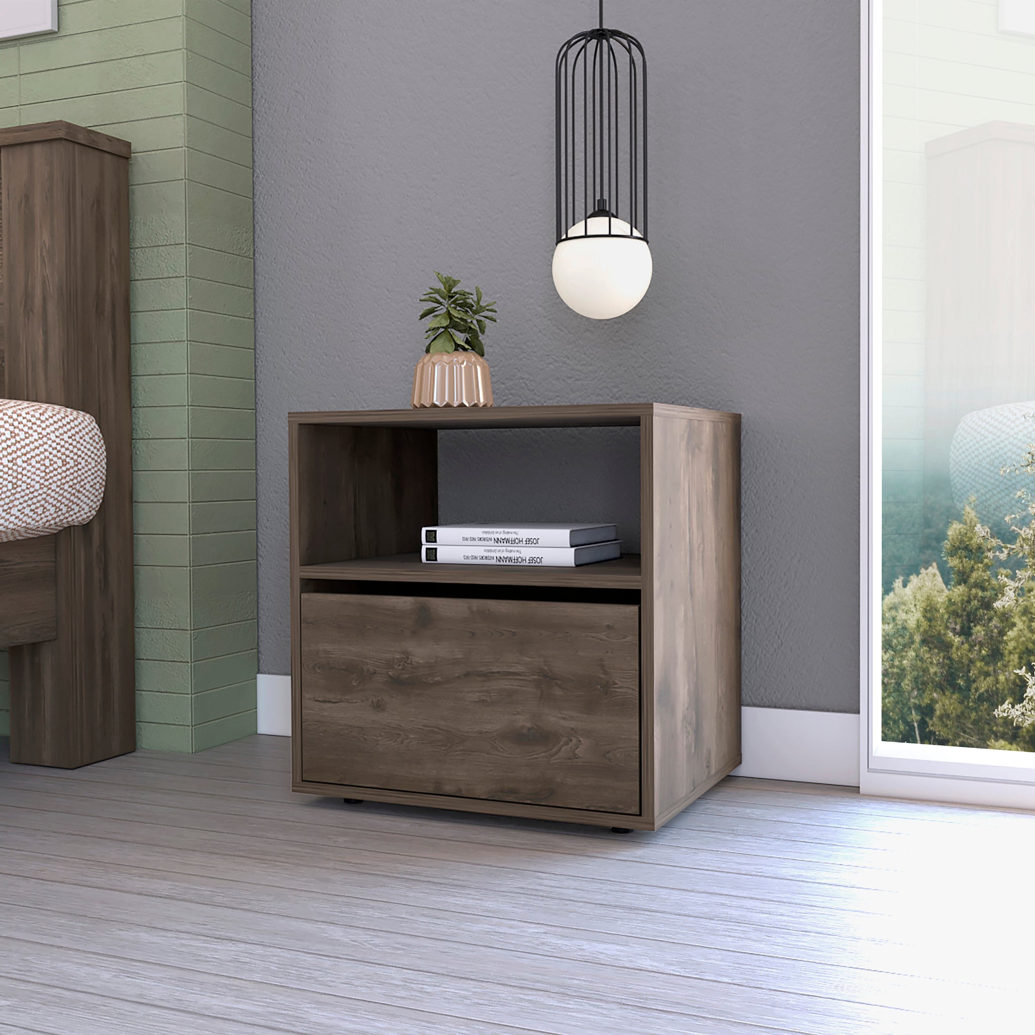 Nightstand Forum, One Open Shelf, One Cabinet, Dark Brown Black Wengue Finish Multicolor Particle Board