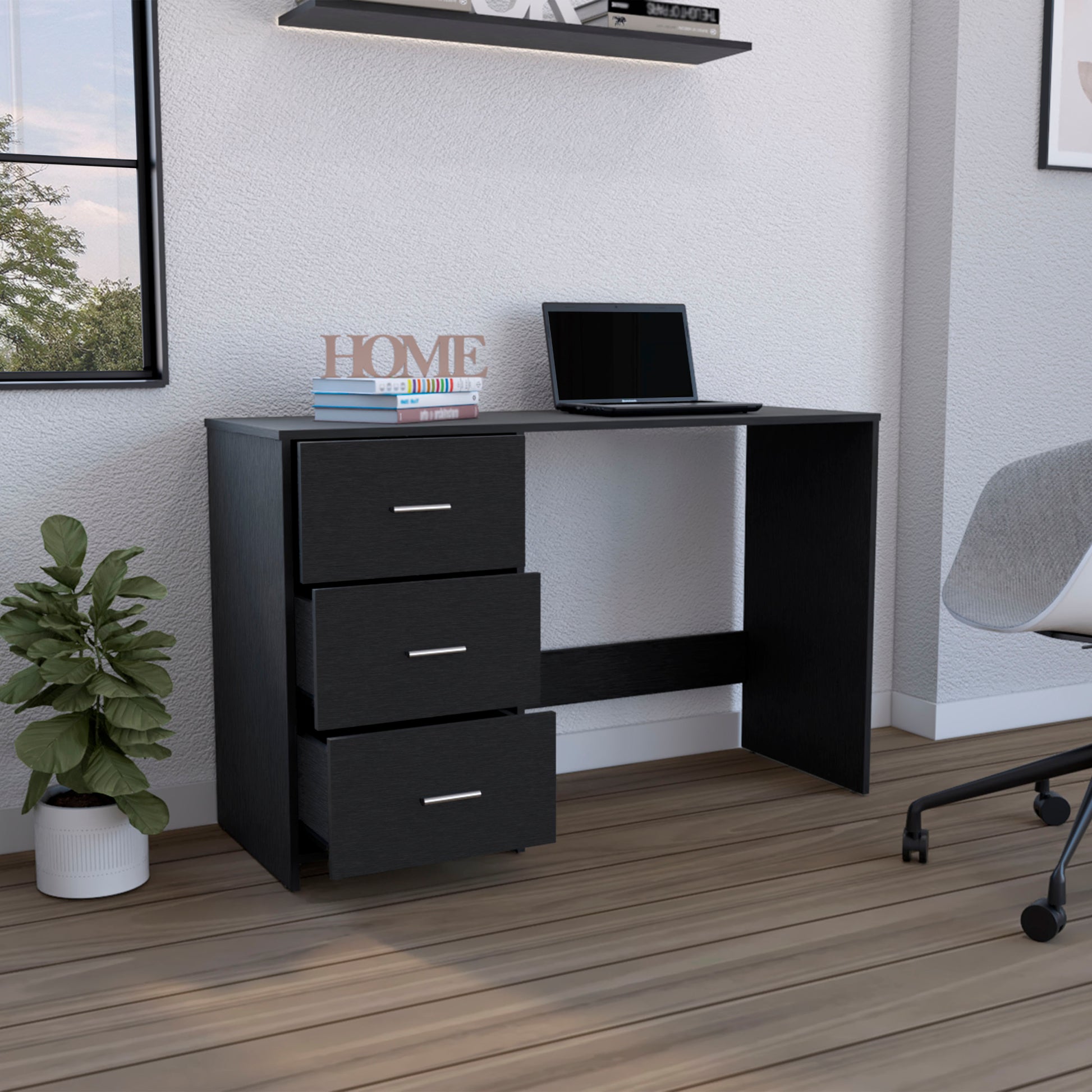 Writting Desk Riverside,Three Drawers, Black Wengue Finish Black Particle Board