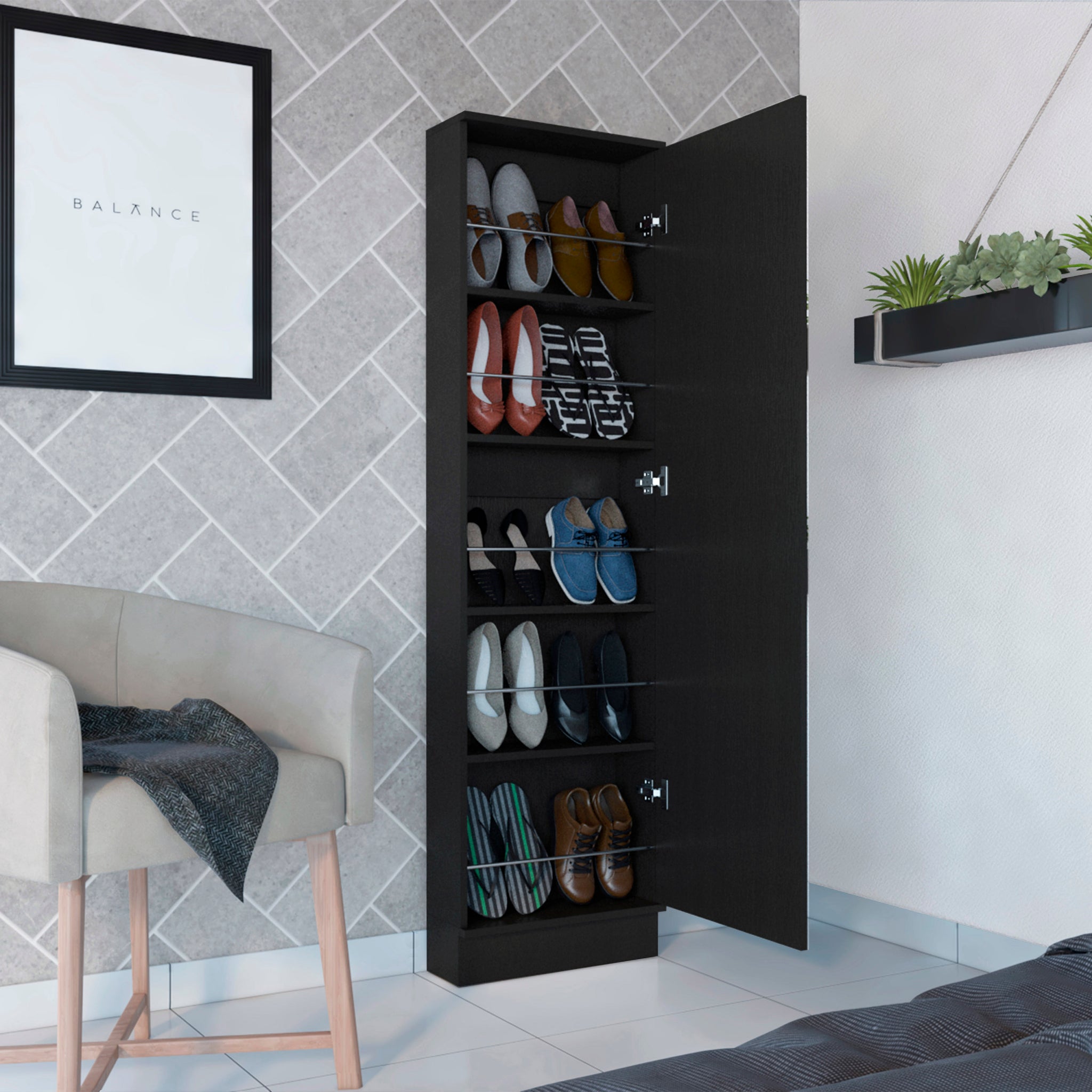 Shoe Rack Chimg, Mirror, Five Interior Shelves, Single Door Cabinet, Black Wengue Finish Black Particle Board