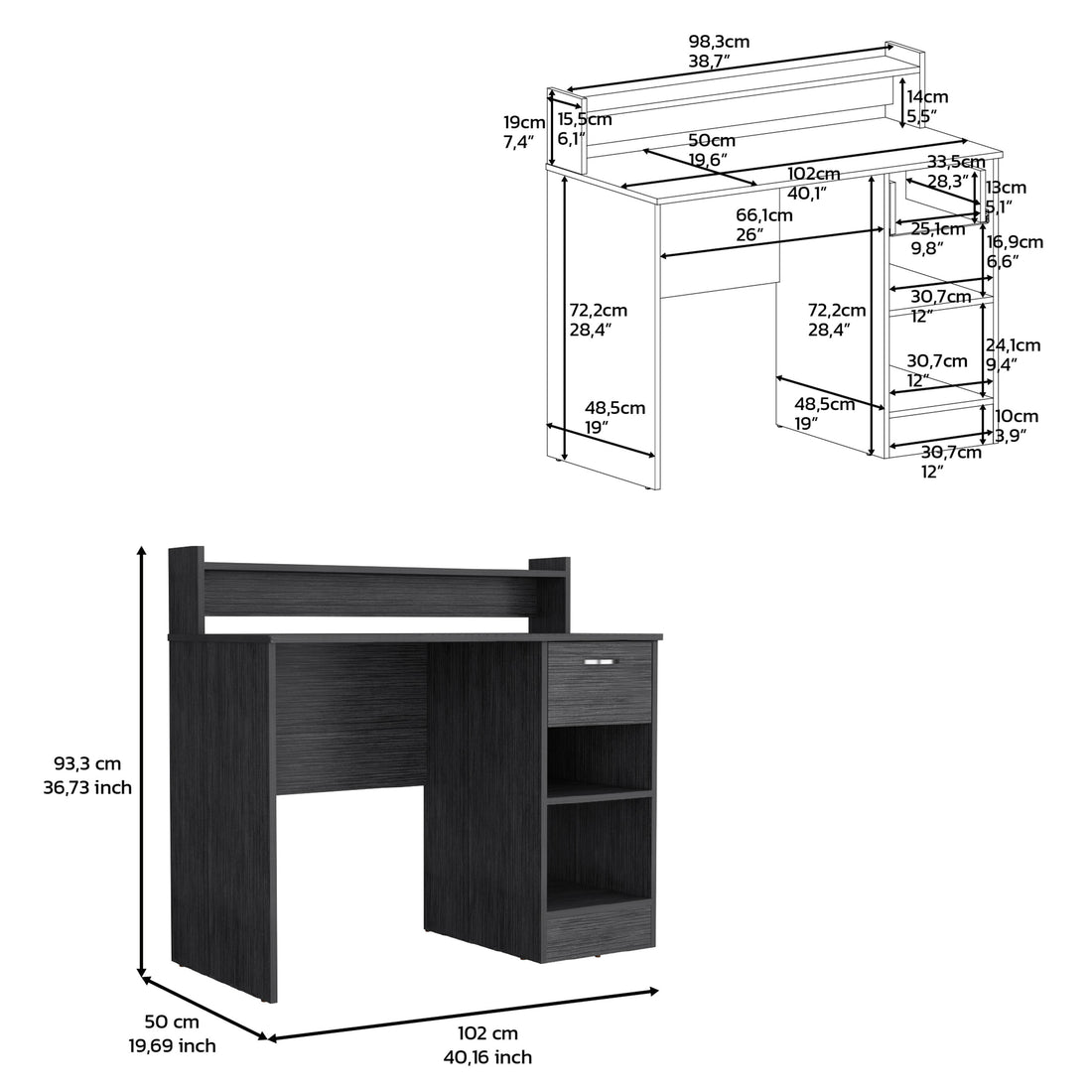 Computer Desk Delmar With Open Storage Shelves And Single Drawer, Smokey Oak Finish Gray Particle Board