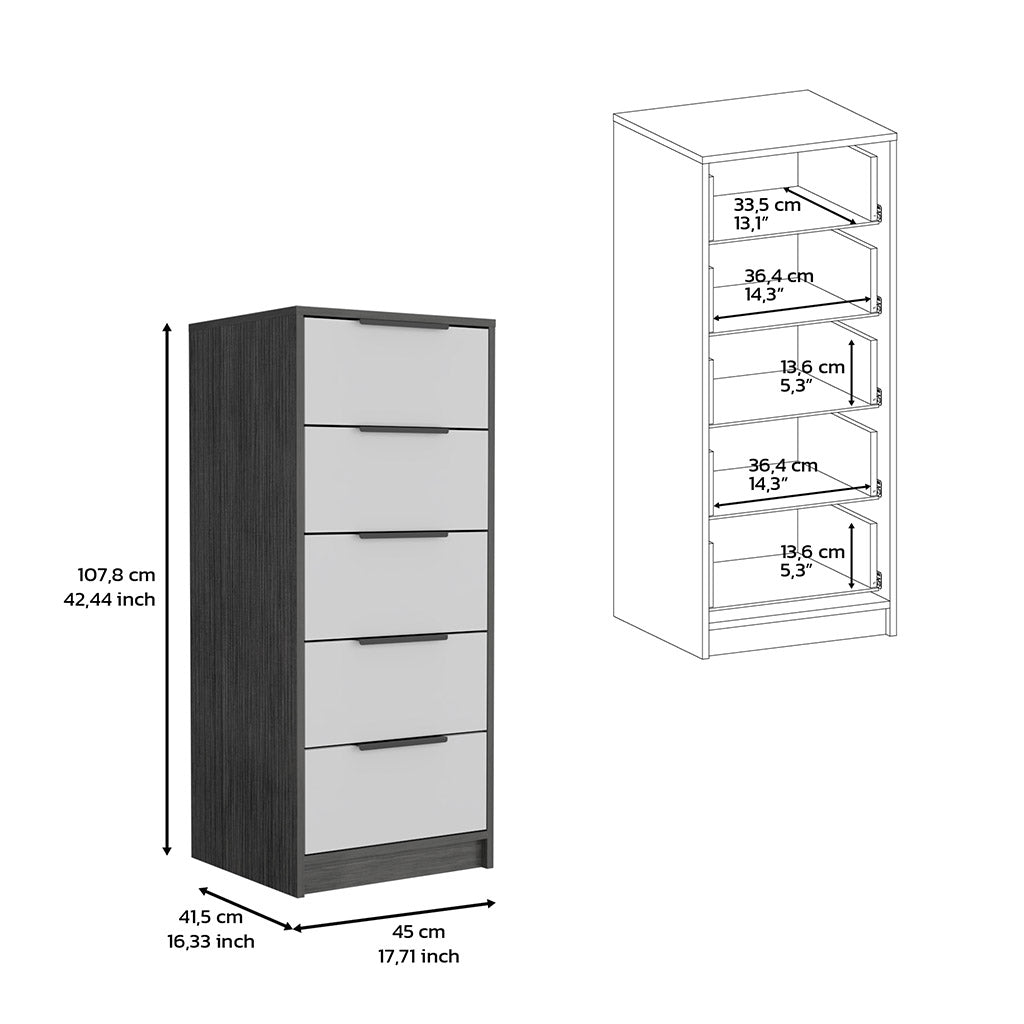 5 Drawers Dresser Maryland, Metal Handle, Smokey Oak White Finish Multicolor Particle Board