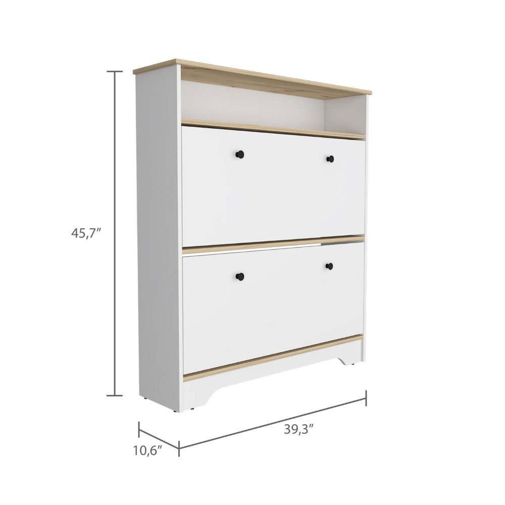 Shoe Rack Dublin, One Open Shelf, Two Extendable Cabinets, Light Oak White Finish Light Oak Particle Board