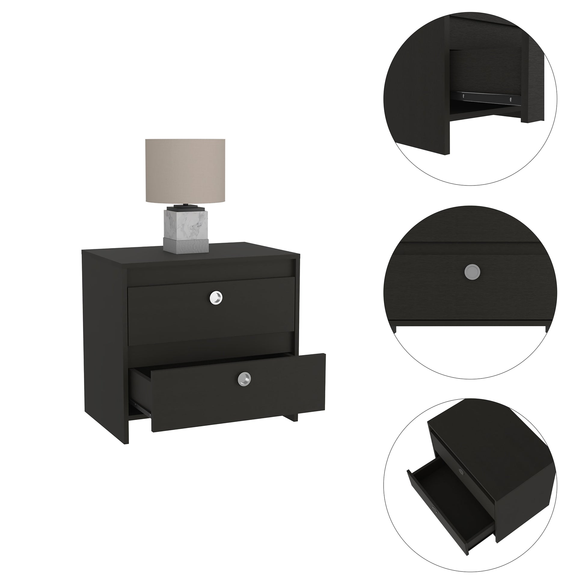 Nightstand Dreams, Two Drawers, Black Wengue Finish Black Particle Board