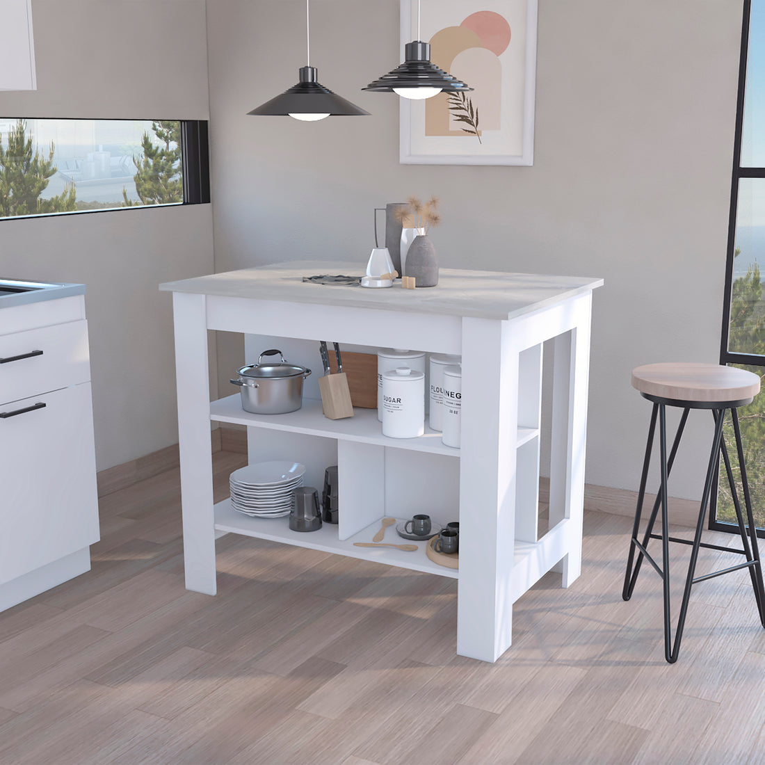 Kitchen Island Dozza, Three Shelves, White Ibiza Marble Color Finish Multicolor Particle Board