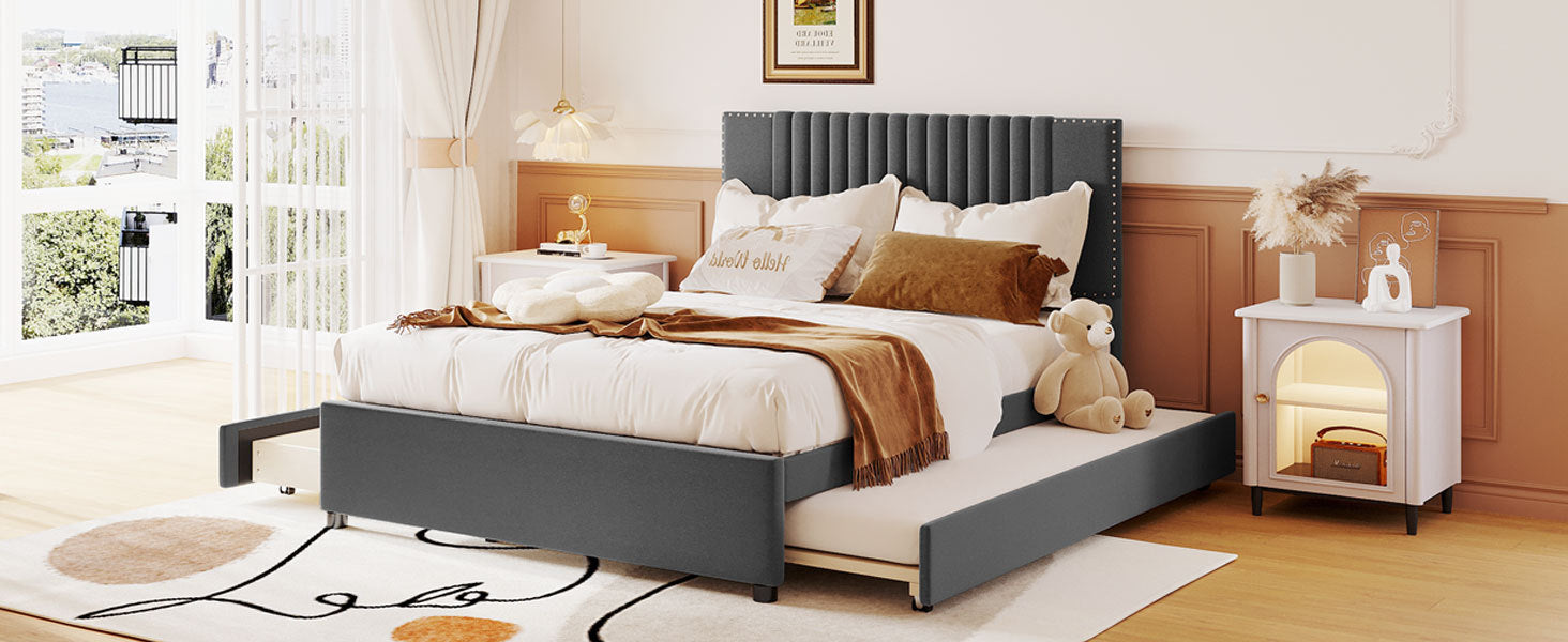Full Size Upholstered Platform Bed With 2 Drawers And 1 Twin Size Trundle, Classic Headboard Design, Gray Gray Linen