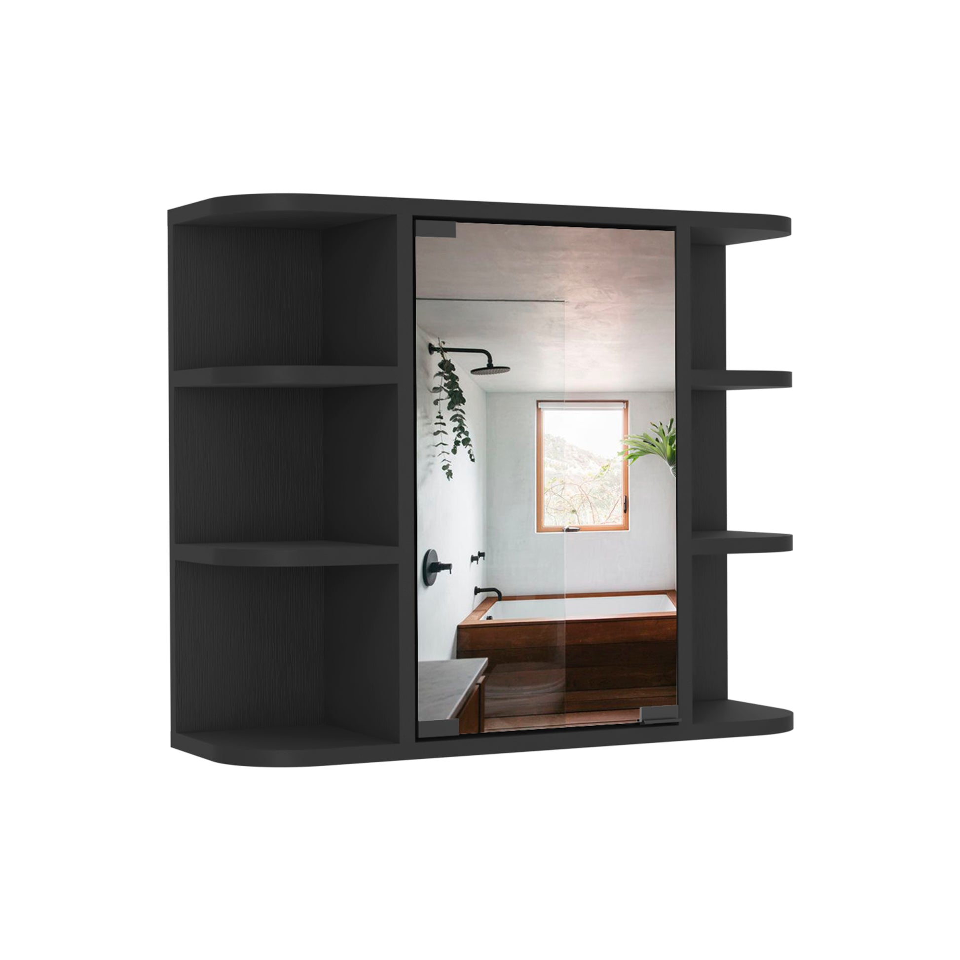 Medicine Cabinet Milano,Six External Shelves Mirror, Black Wengue Finish Black Particle Board