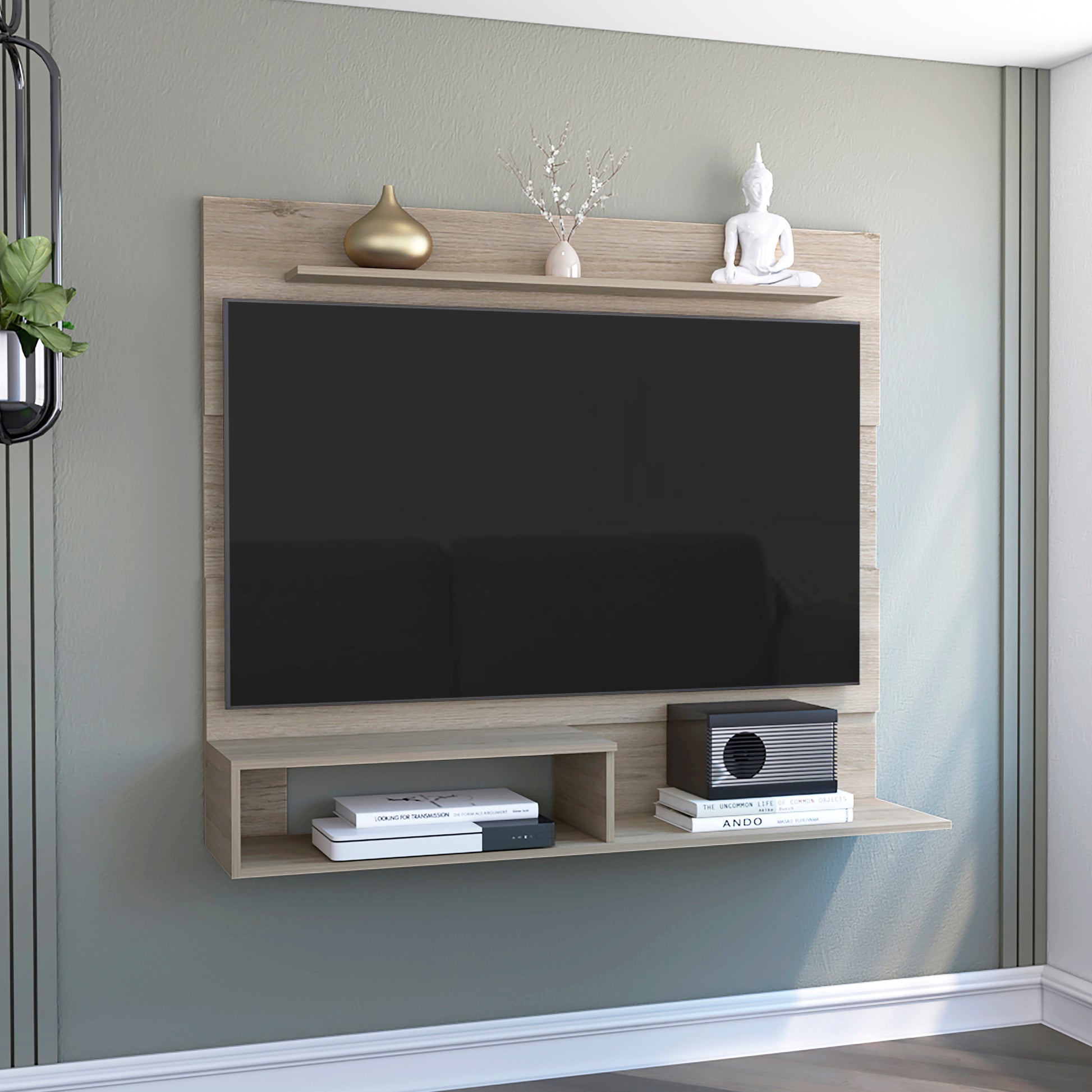 Floating Entertainment Center Albuquerque, Space For The Tv S Up 55", Light Pine Finish Beige 50 59 Inches Particle Board