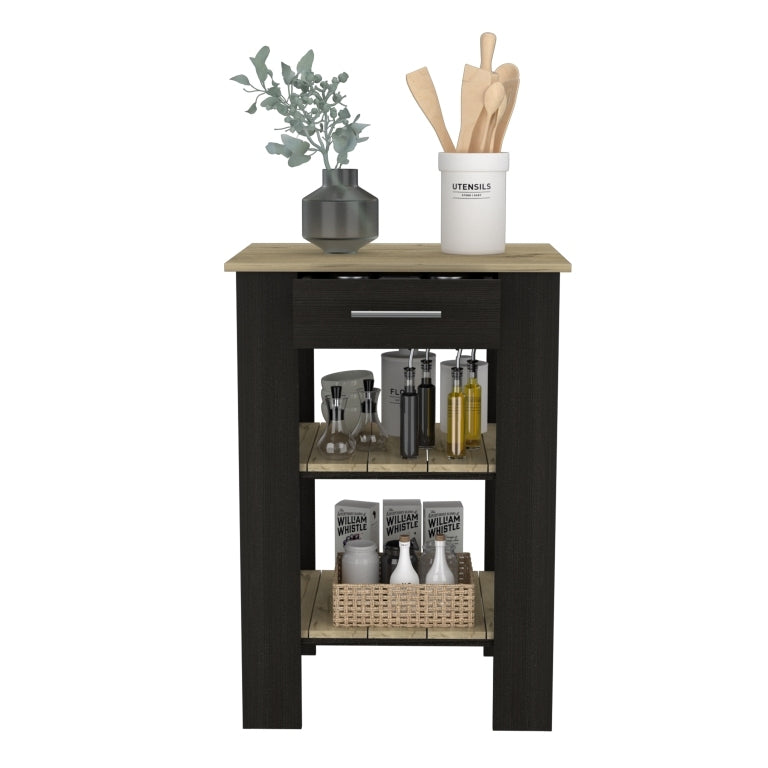 Kitchen Island 23 Inches Dozza With Single Drawer And Two Tier Shelves, Black Wengue Light Oak Finish Light Oak Particle Board