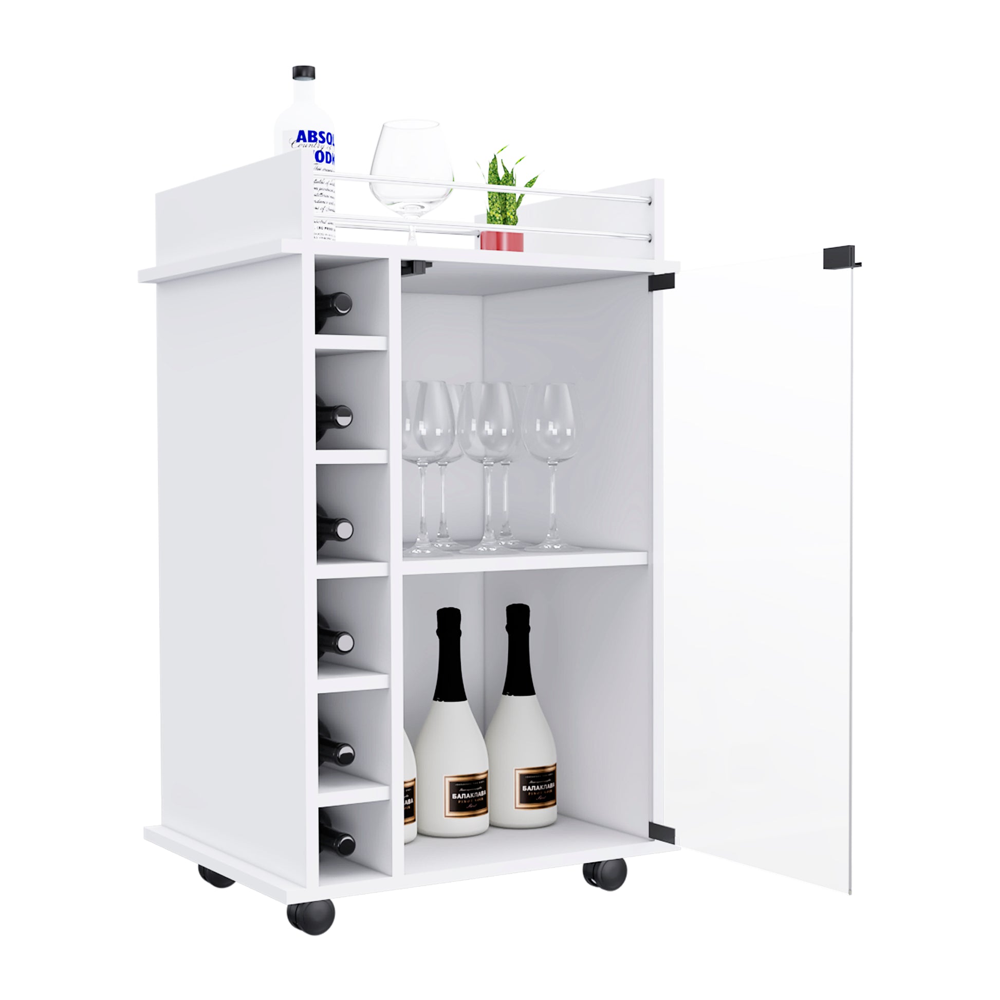 Bar Cart Baltimore, Six Wine Cubbies, Glass Door, Four Caster, Two Shelves, White Finish White Particle Board