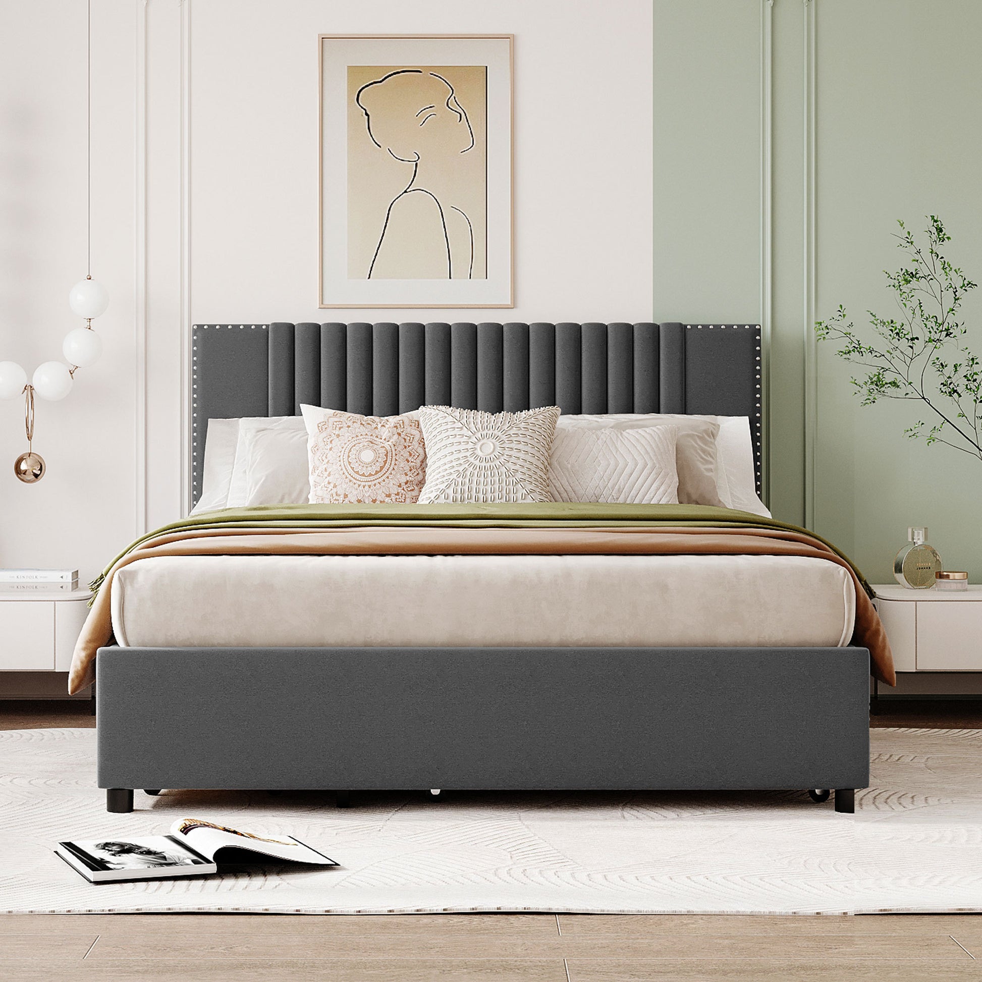 Queen Size Upholstered Platform Bed With 2 Drawers And 1 Twin Xl Trundle, Classic Headboard Design, Gray Gray Linen