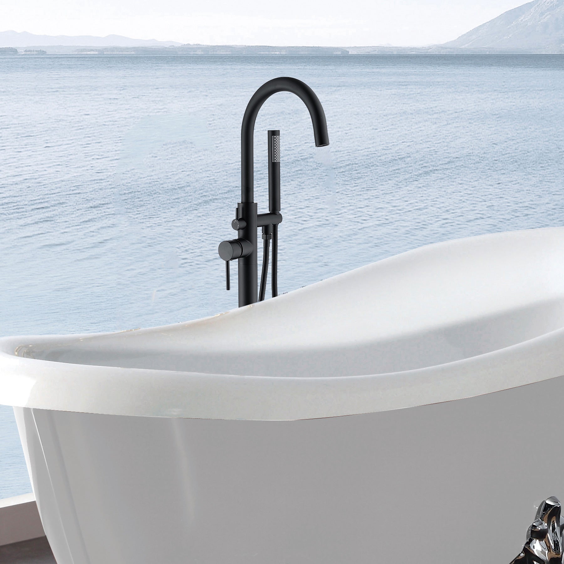 Freestanding Bathtub Faucet With Hand Shower Matte Black Metal