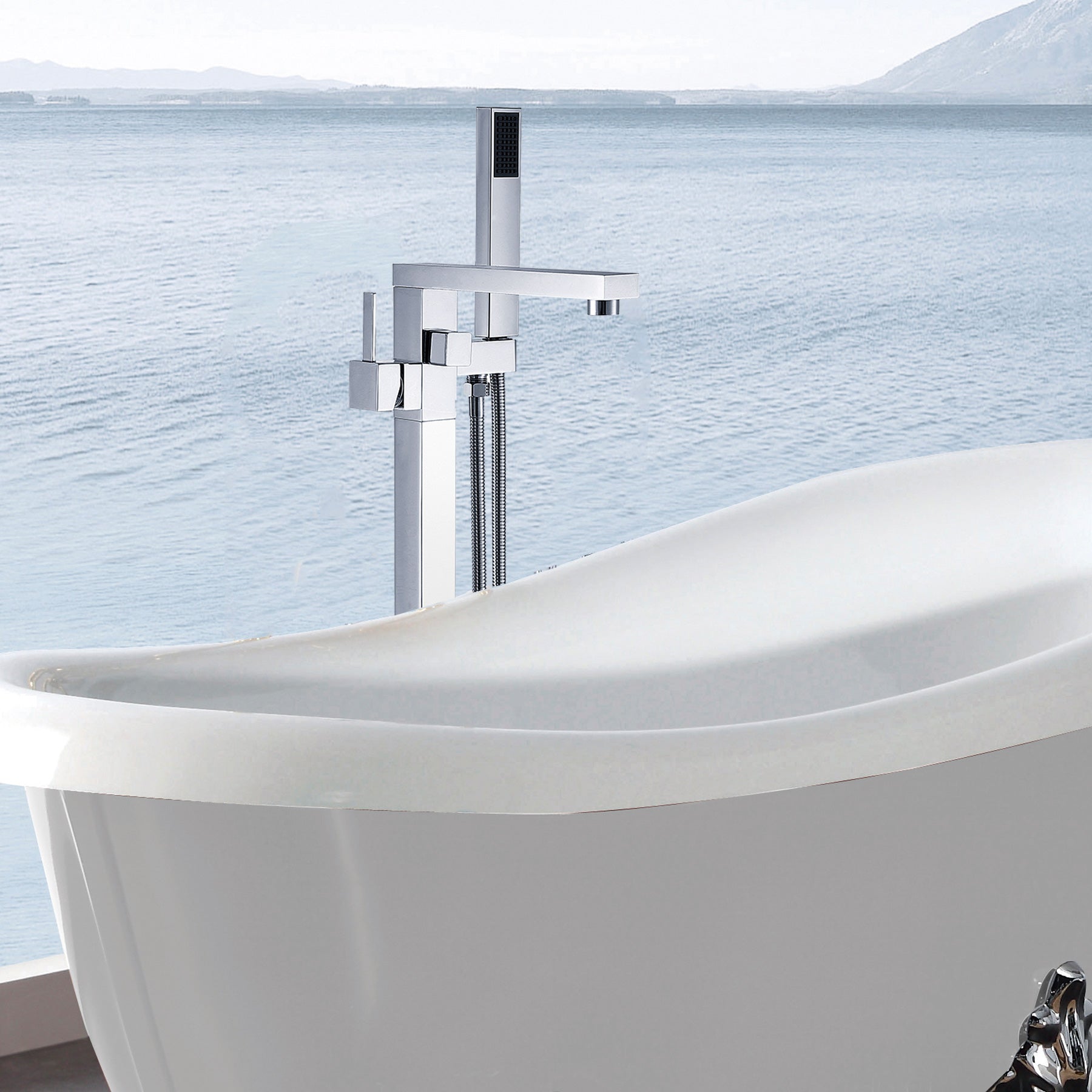 Freestanding Bathtub Faucet With Hand Shower Chrome Metal