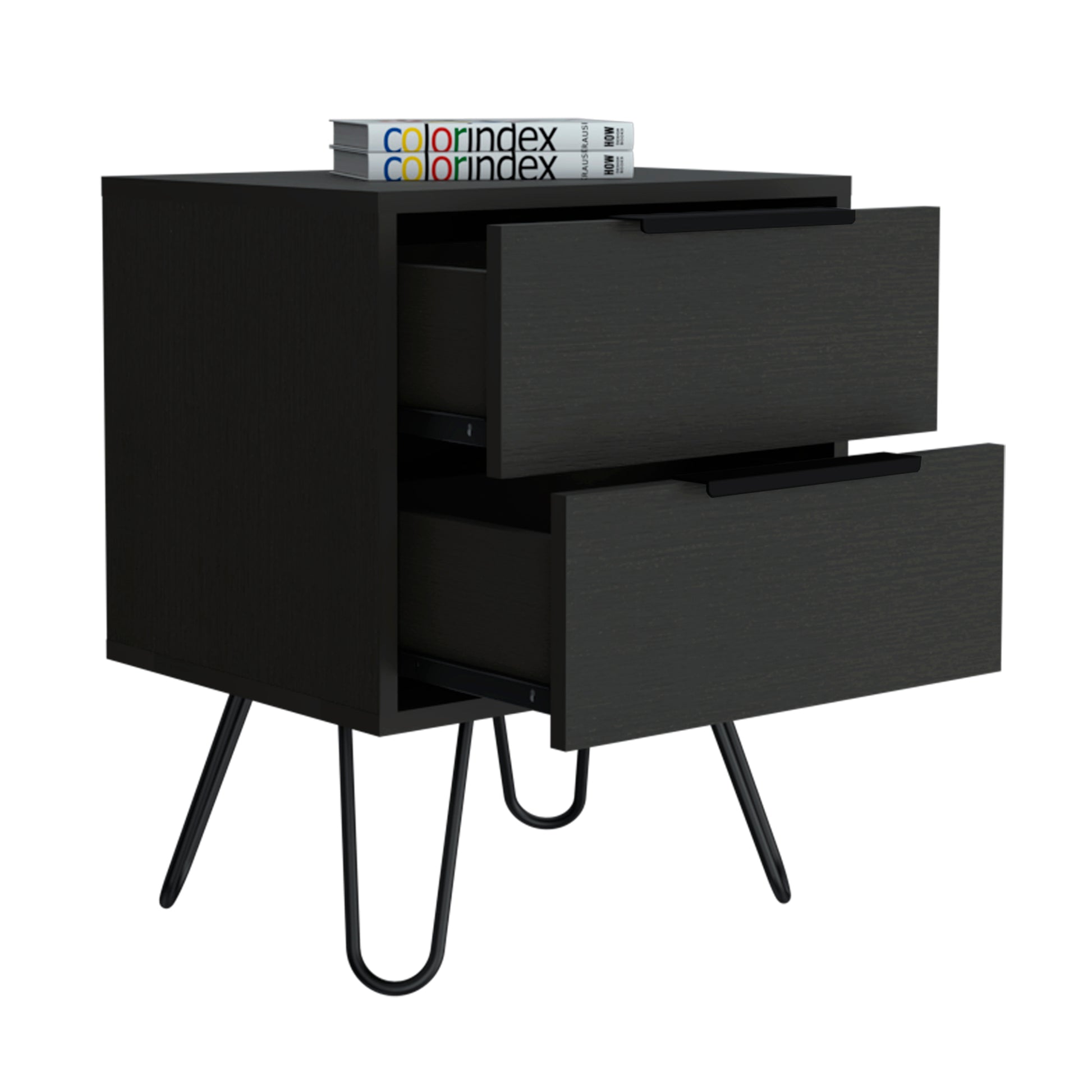 Nightstand Skyoner 2, Harpin Legs, Two Drawers, Black Wengue Finish Black Particle Board