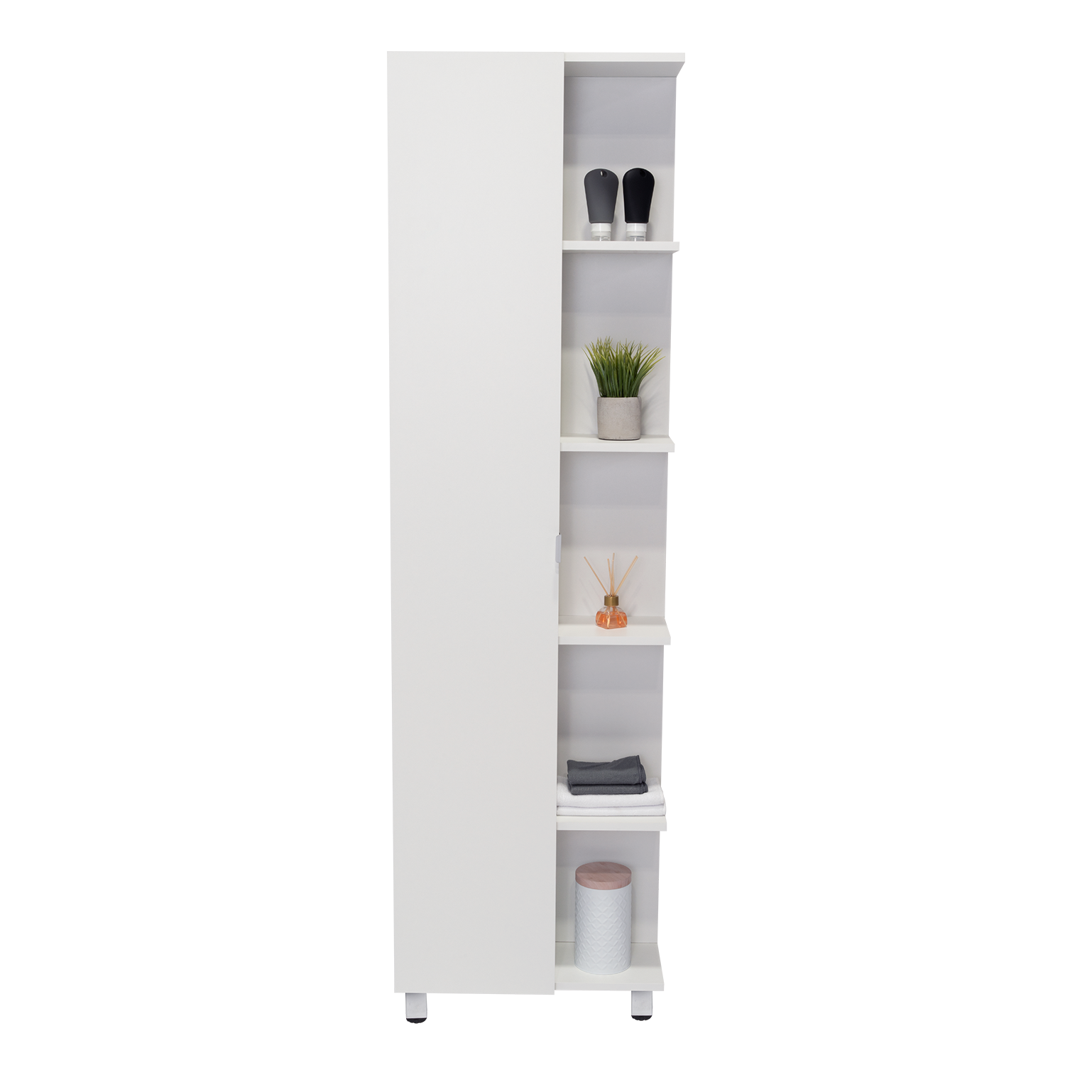 Corner Cabinet Womppi, Five Open Shelves, Single Door, White Finish White Particle Board