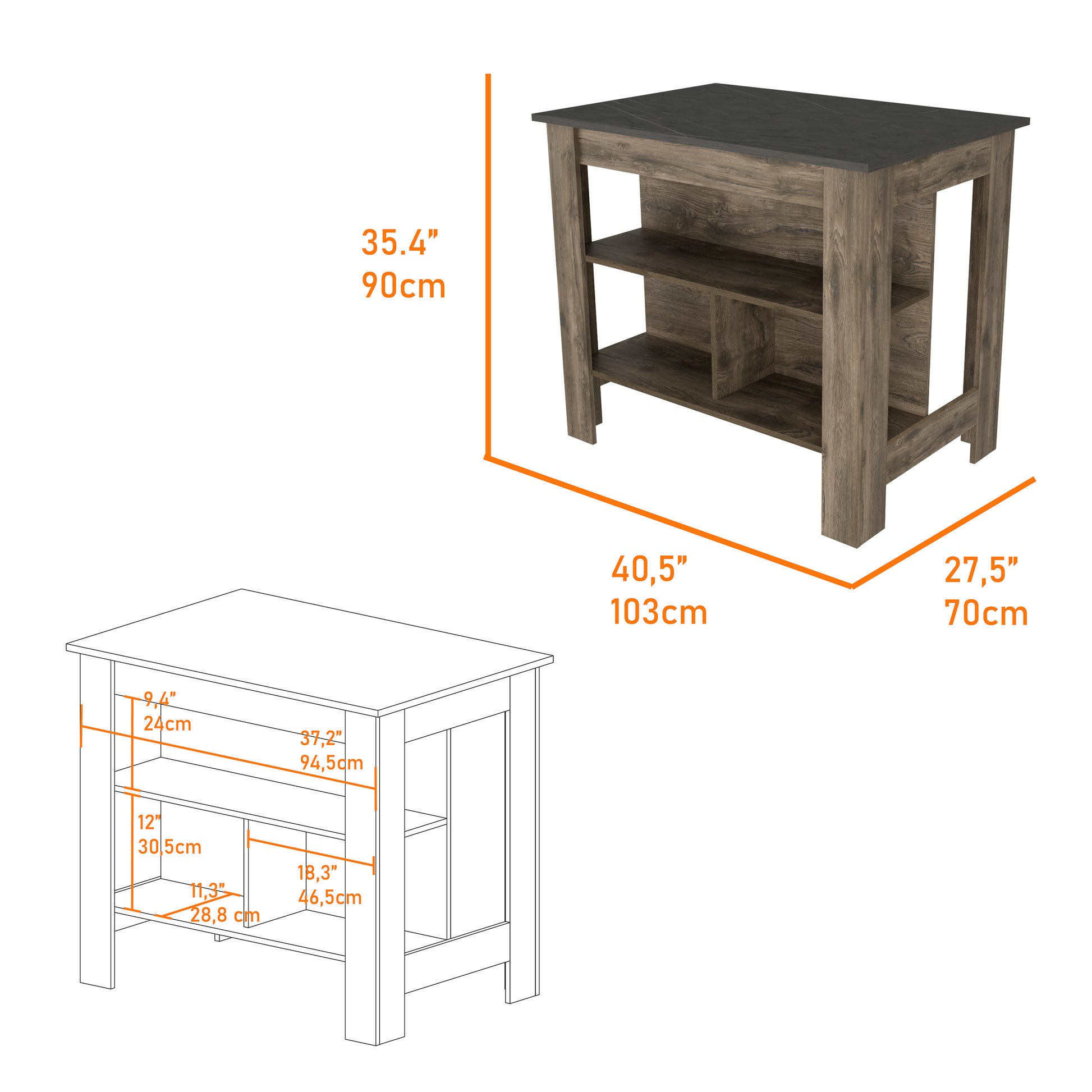 Kitchen Island Dozza, Three Shelves, Dark Brown Onyx Finish Multicolor Particle Board