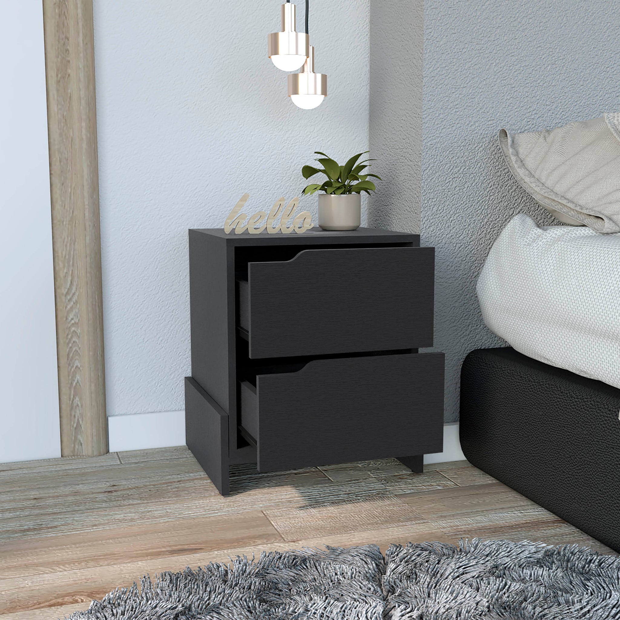 Nightstand Brookland, Bedside Table With Double Drawers And Sturdy Base, Black Wengue Finish Black Particle Board