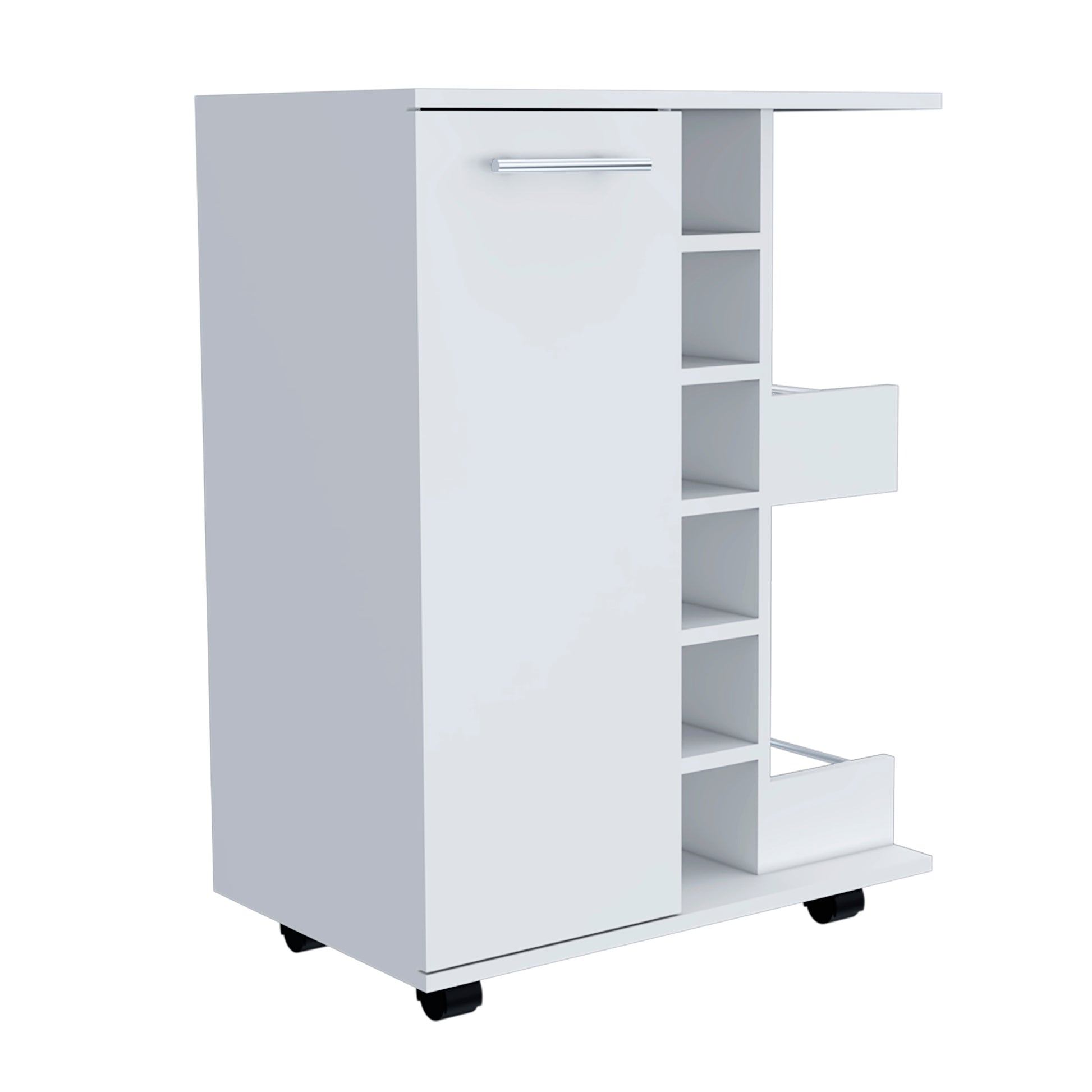 Bar Cart Wells, Four Casters, Six Wine Cubbies, Single Door Cabinet, White Finish White Particle Board