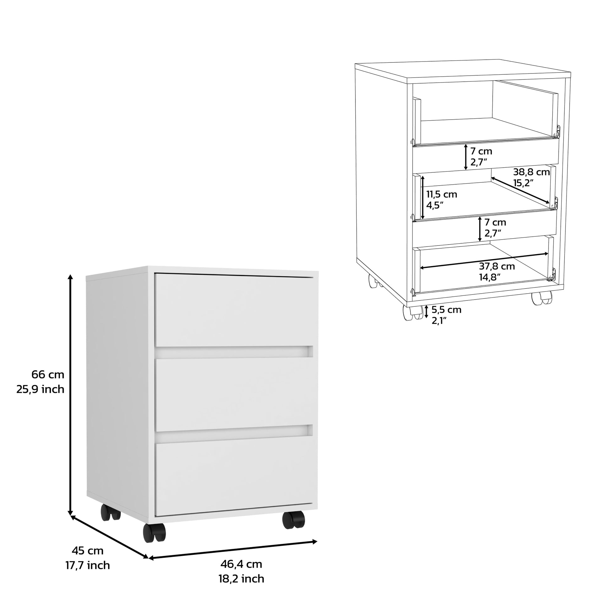 Three Drawers Bang, Filing Cabinet, Roller Blade Glide, White Finish White Particle Board