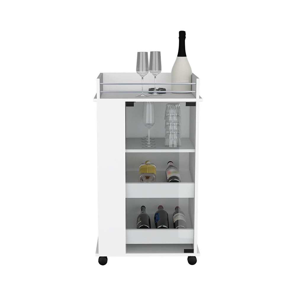 Bar Cart with Two Side Shelves Beaver, Glass Door and white-particle board