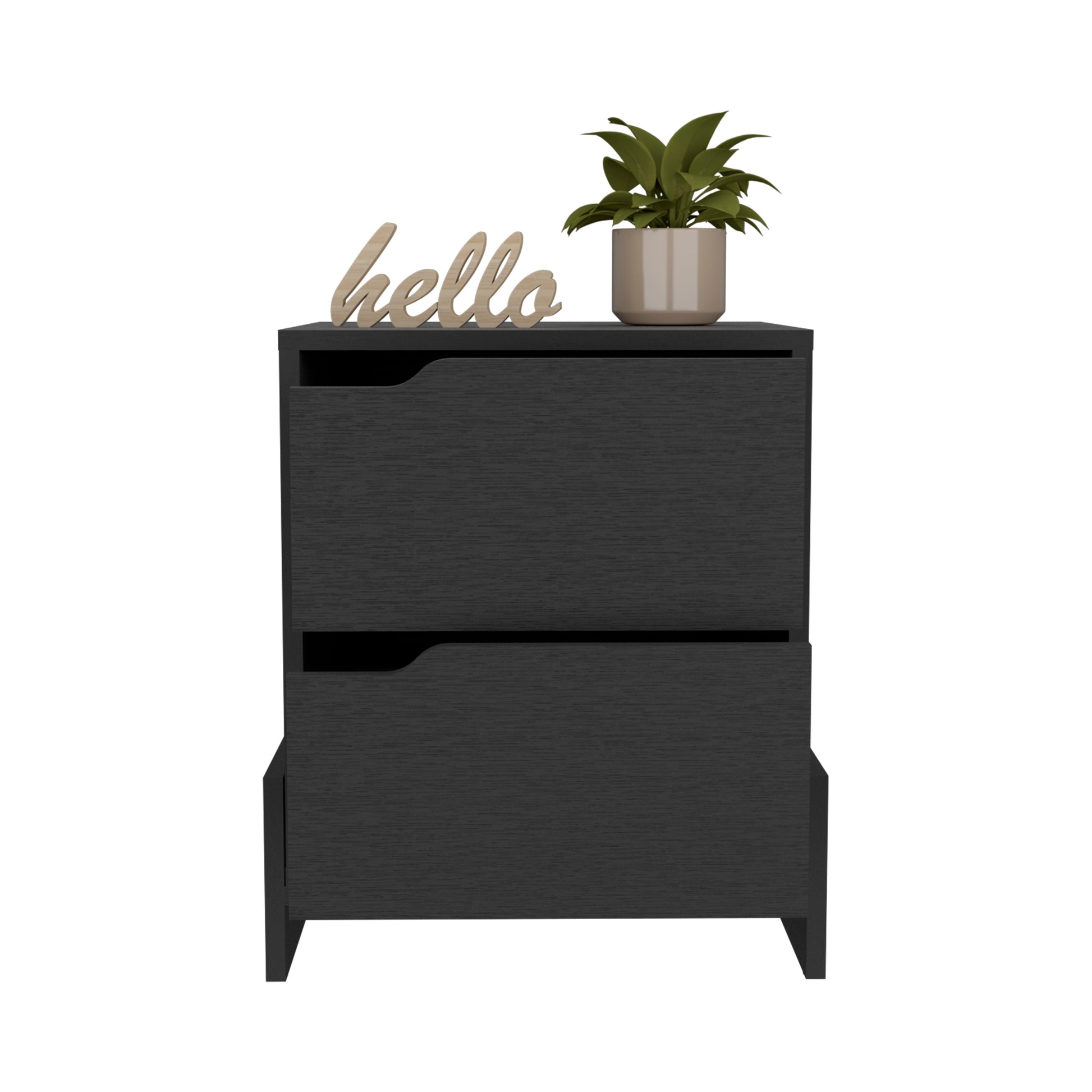 Nightstand Brookland, Bedside Table With Double Drawers And Sturdy Base, Black Wengue Finish Black Particle Board