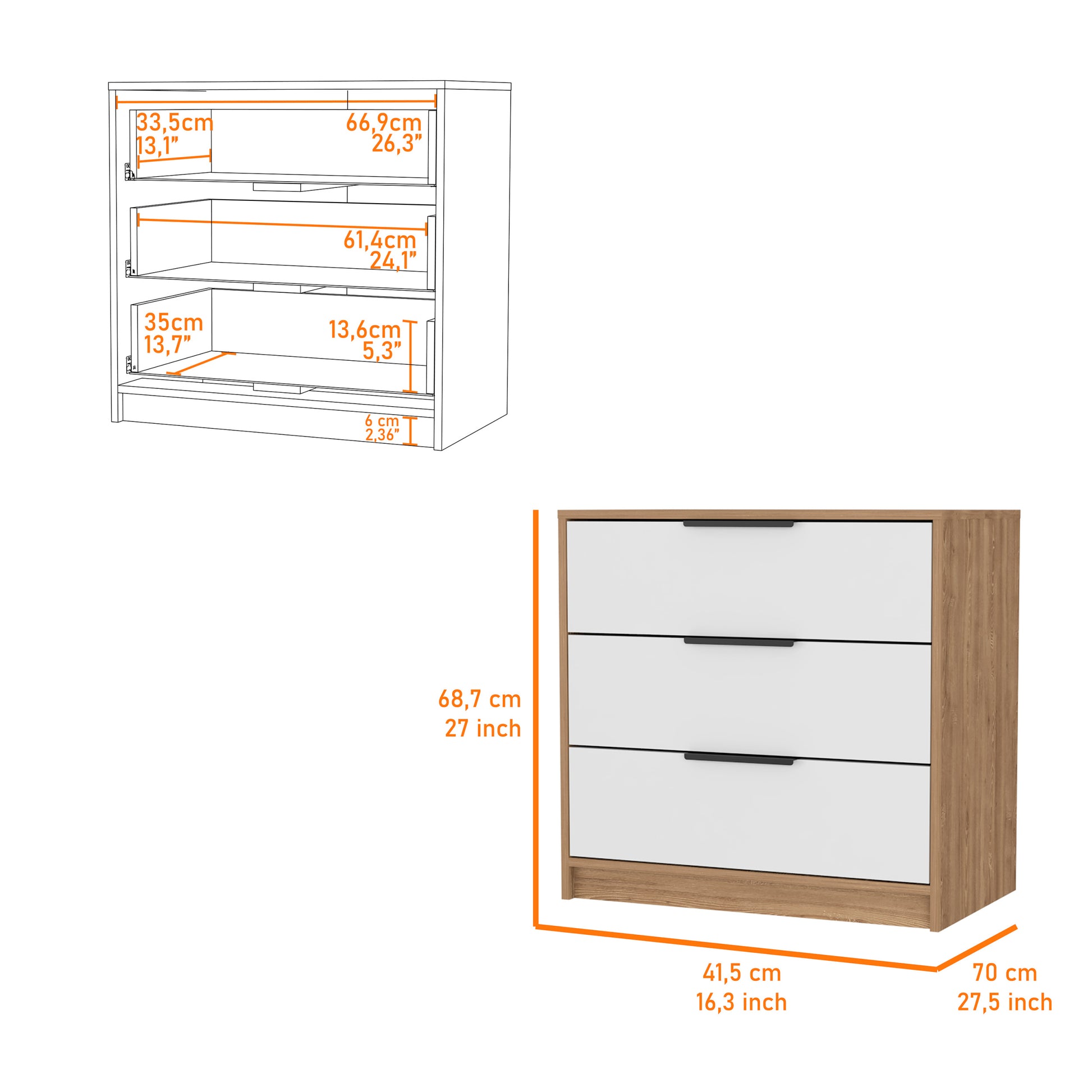 3 Drawers Dresser Maryland, Superior Top, White Pine Finish Multicolor Particle Board