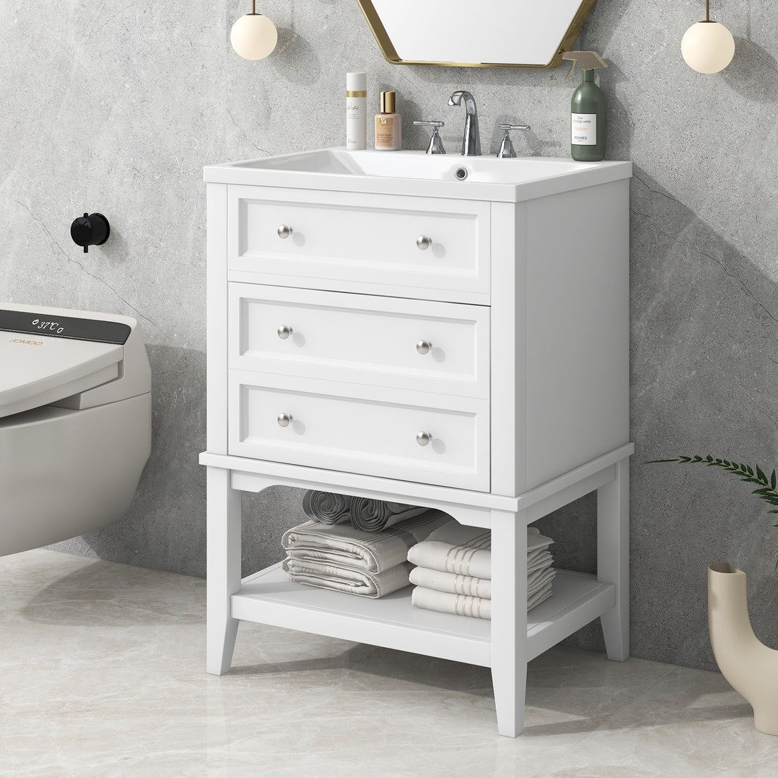24" Bathroom Vanity Without Sink, Base Only, Solid white-solid wood+mdf