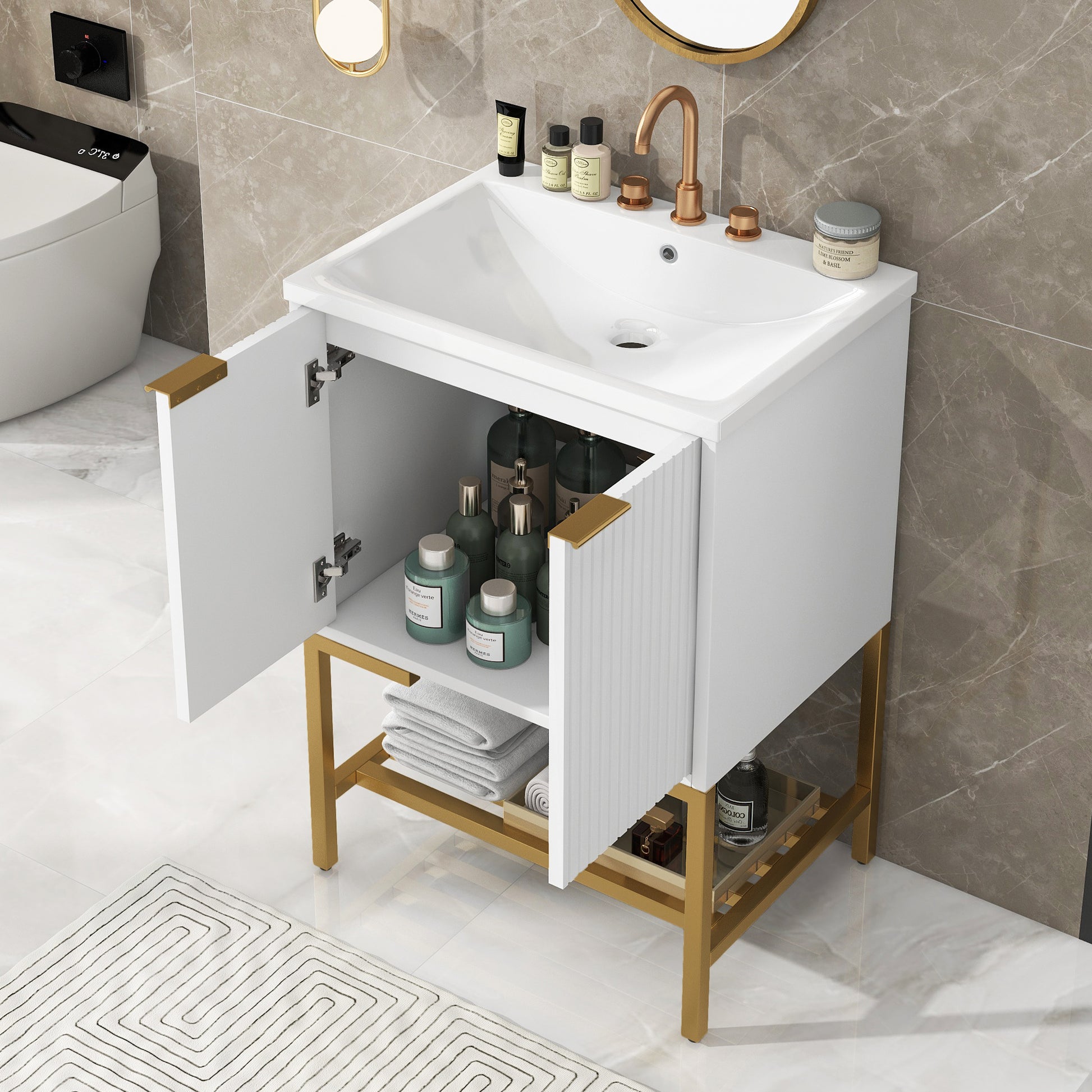 24" Bathroom Vanity With Sink, Bathroom Vanity Cabinet With Two Doors And Gold Metal Frame, Open Storage Shelf, White White Solid Wood Mdf