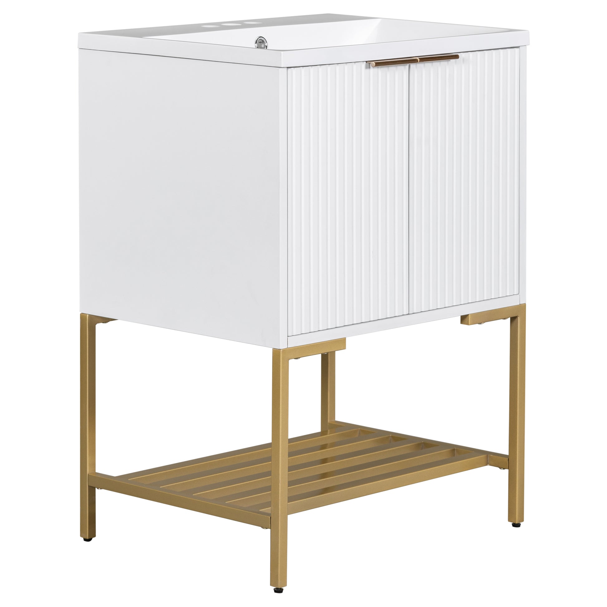 24" Bathroom Vanity With Sink, Bathroom Vanity Cabinet With Two Doors And Gold Metal Frame, Open Storage Shelf, White White Solid Wood Mdf