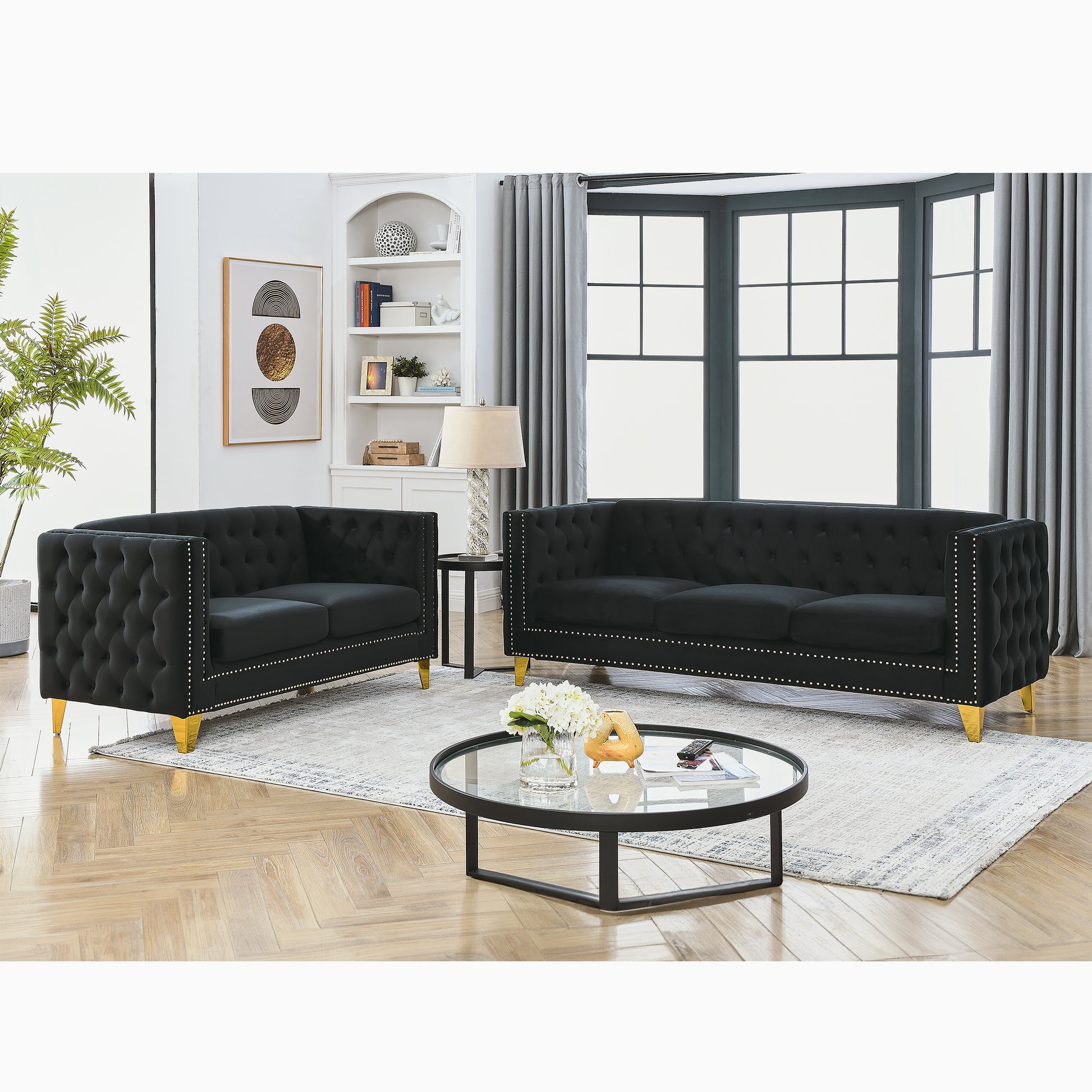 3 Seater 2 Seater Combination Sofa.Black Velvet Black Foam Velvet