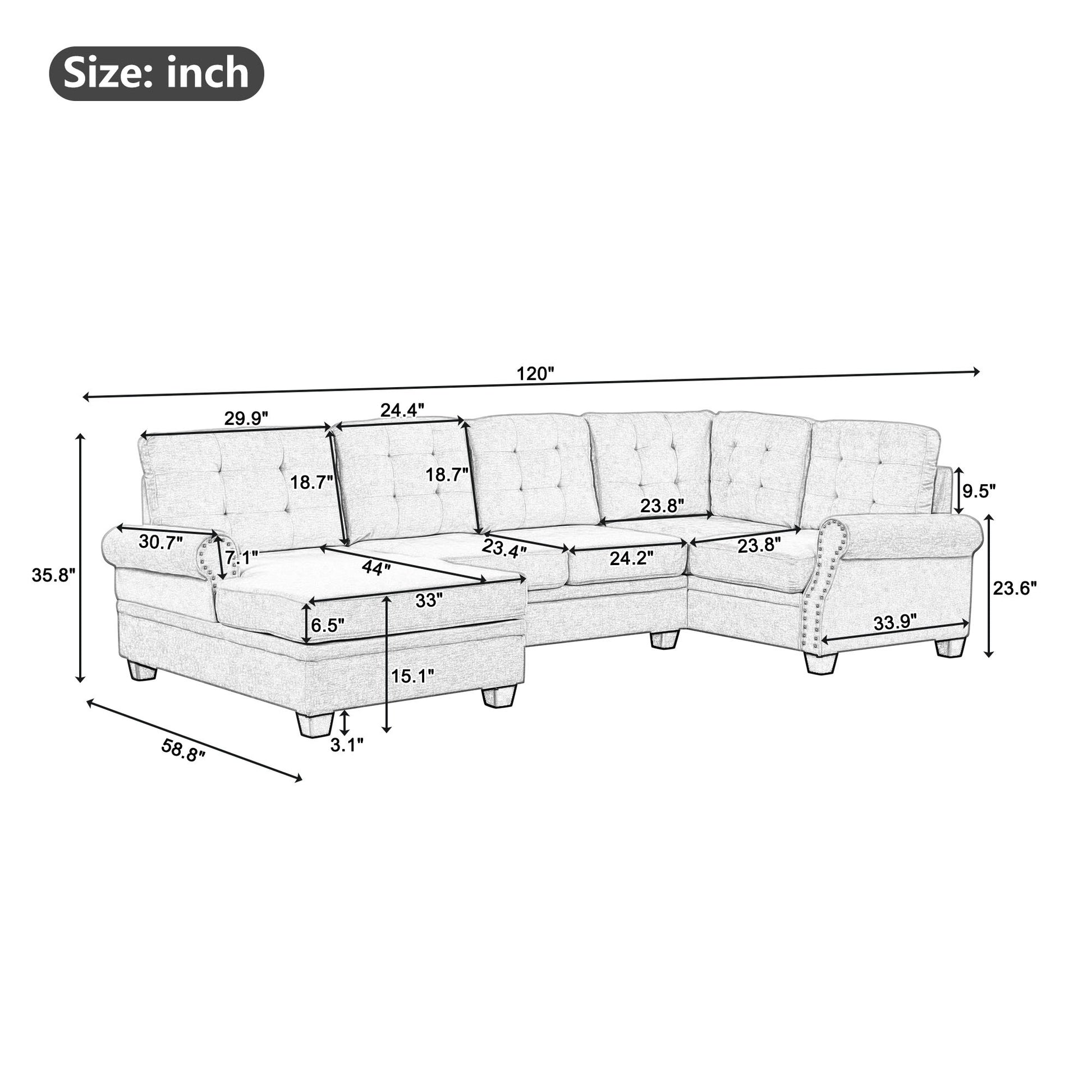 120" Modern U Shaped Corner Sectional Sofa Upholstered Linen Fabric Sofa Couch For Living Room, Bedroom, Gray Gray Foam Linen