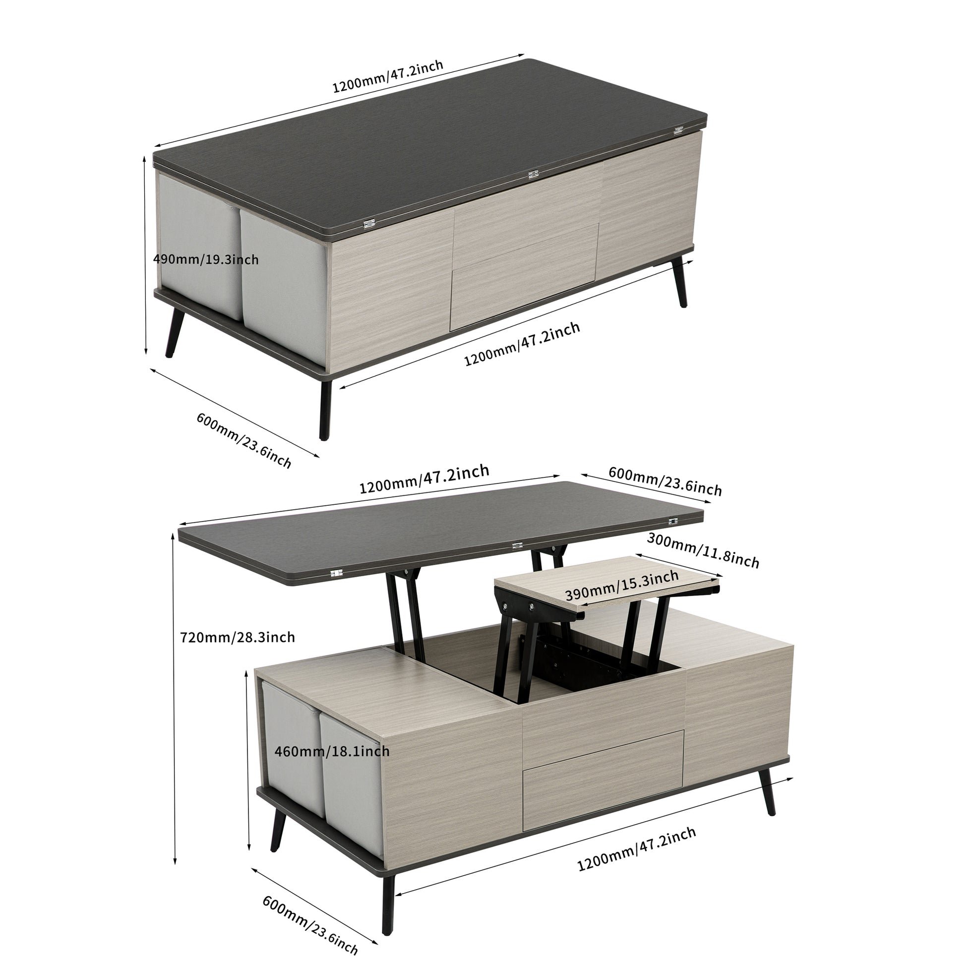 5 Pieces Lift Top Coffee Table Set With Storage Convertible Dining Table With Ottomans Dark Gray Fabric Mdf