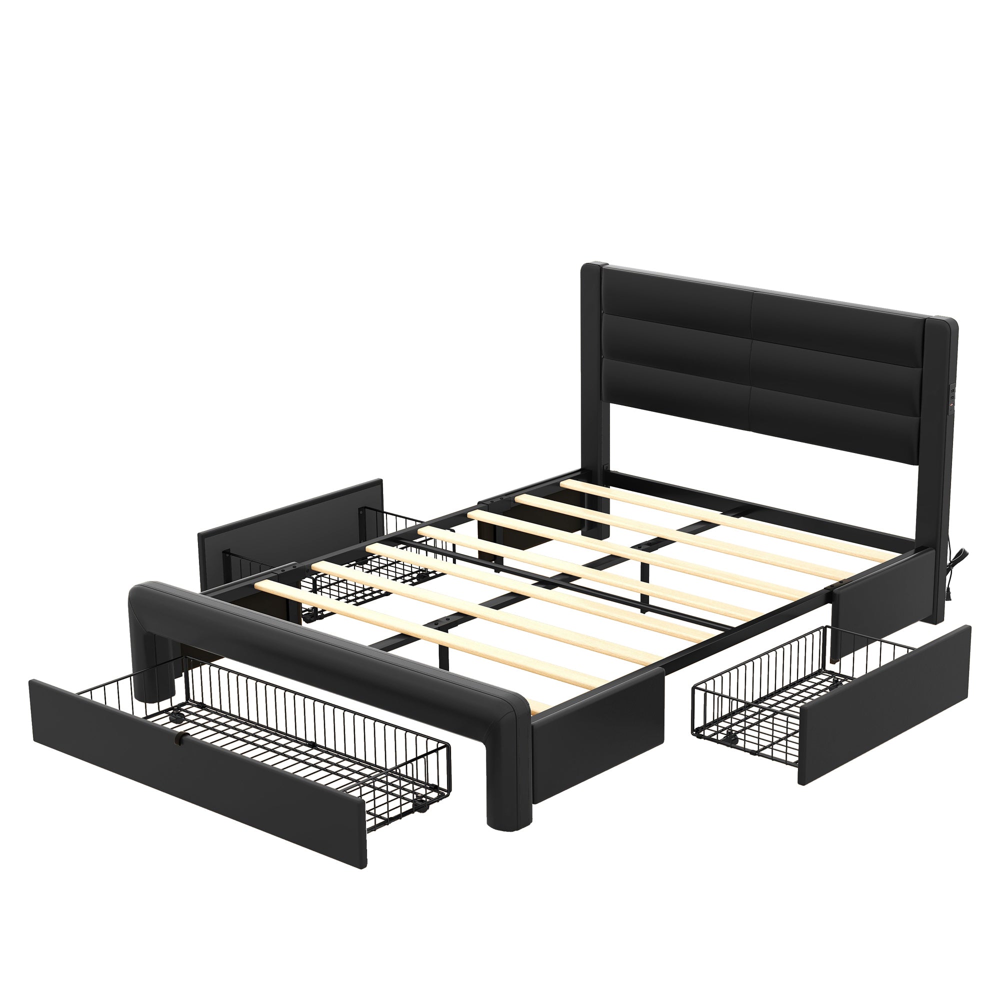 Queen Size Bed Frame with Drawers Storage, Leather queen-black-pu leather