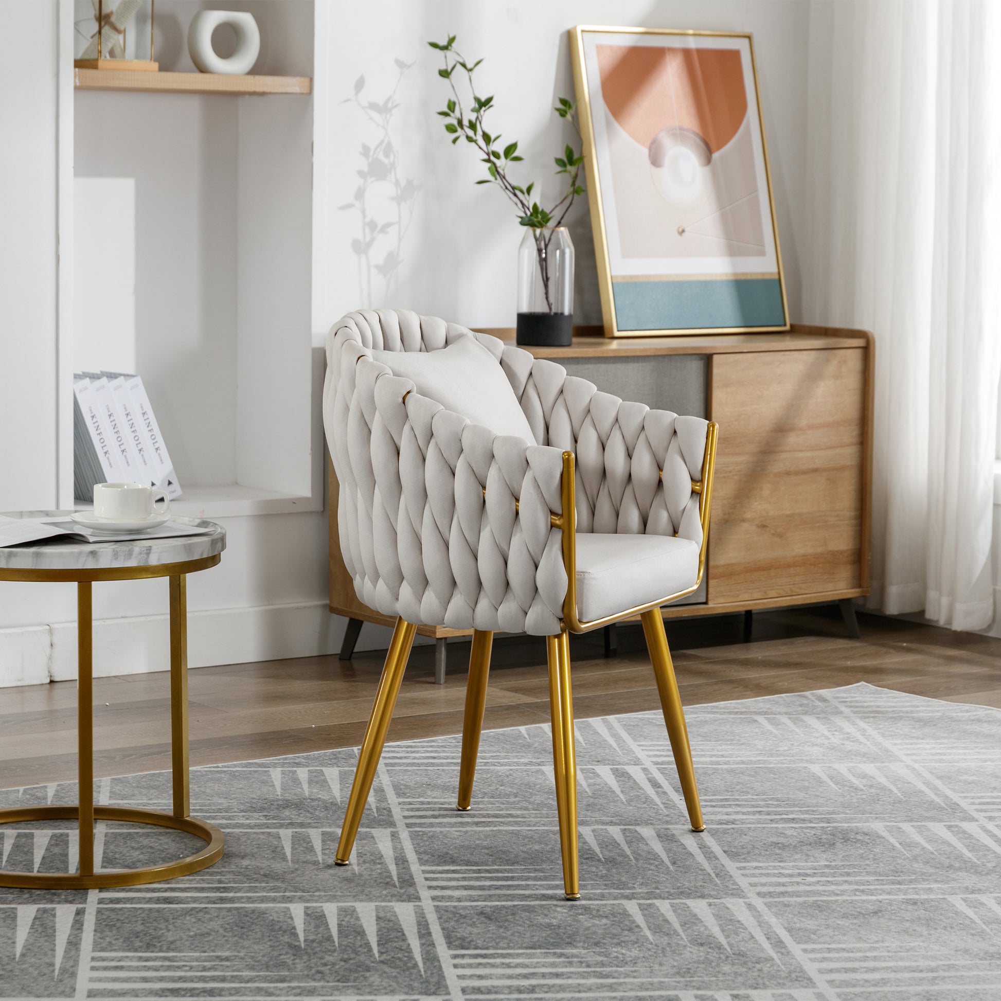 Handwoven Modern Chairs, Casual Chairs, Universal Foot Nails, Metal Chair Legs With Pillows Beige Navy Green Primary Living Space Linen