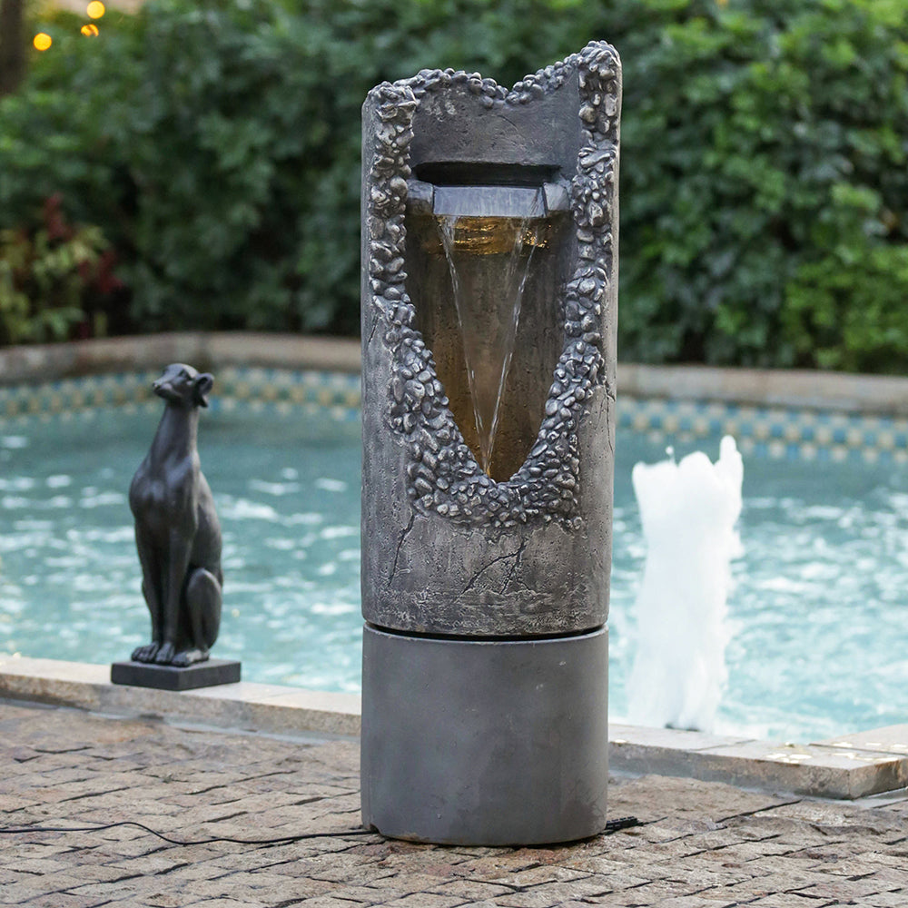 15.5X15.5X48" Large Contemporary Outdoor Water Fountain With Light, Unique Gray Waterfall Fountain Stone Gray Garden & Outdoor Antique,Art Deco,Contemporary,Modern Cement