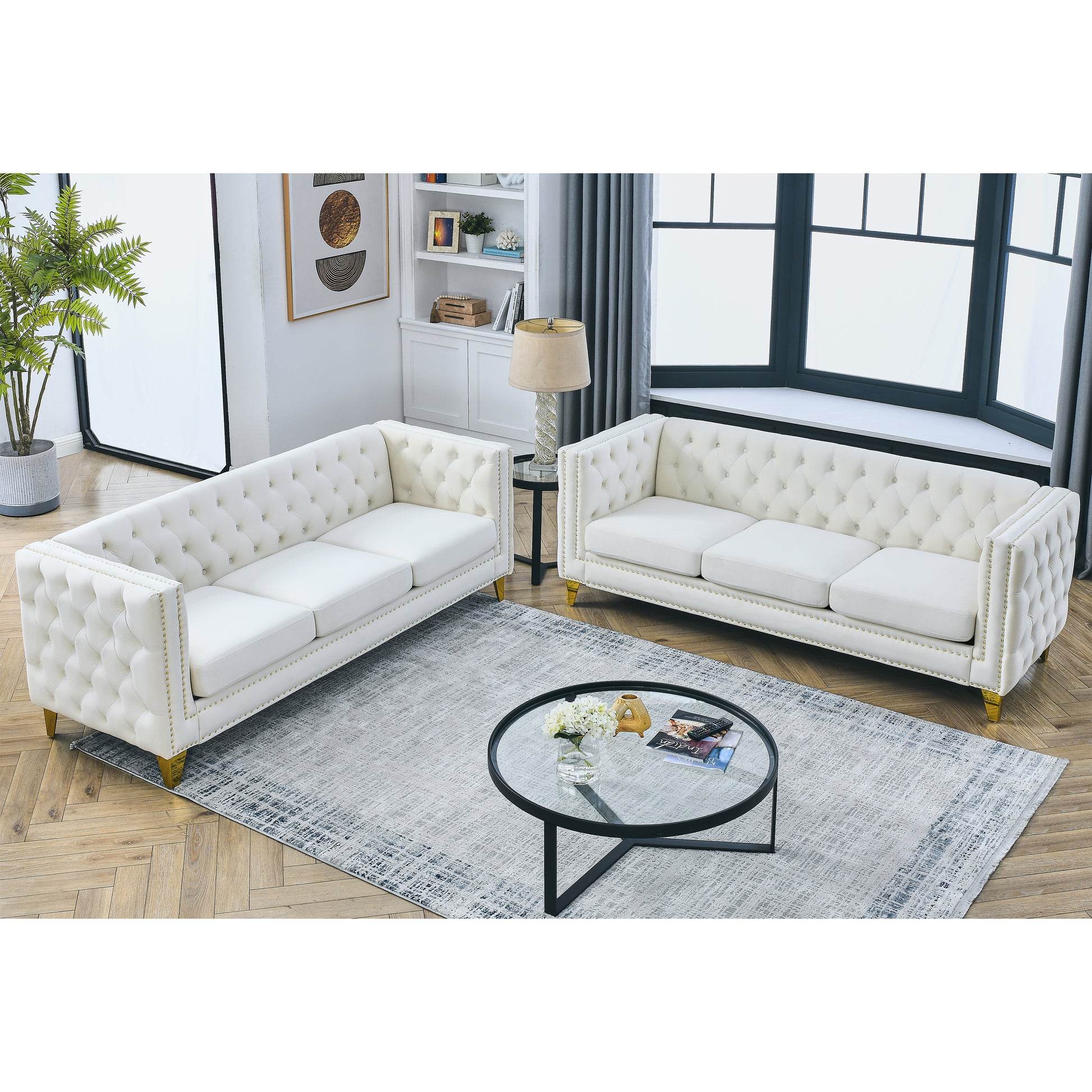 Contact Us For 3D Modeling Velvet Sofa For Living Room,Buttons Tufted Square Arm Couch, Modern Couch Upholstered Button And Metal Legs, Sofa Couch For Bedroom, Beige Velvet ,2Pcs Beige Foam Velvet