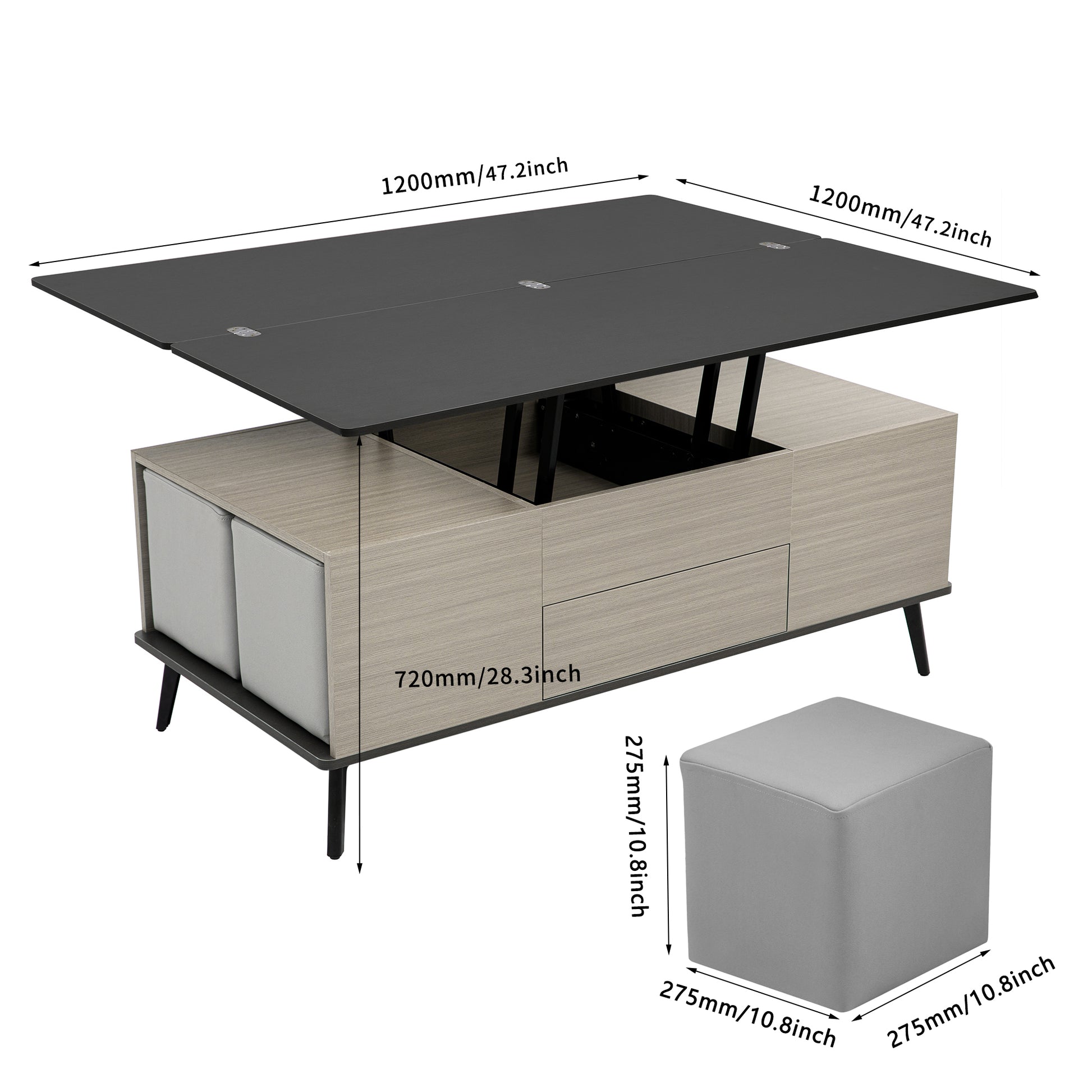 5 Pieces Lift Top Coffee Table Set With Storage Convertible Dining Table With Ottomans Dark Gray Fabric Mdf