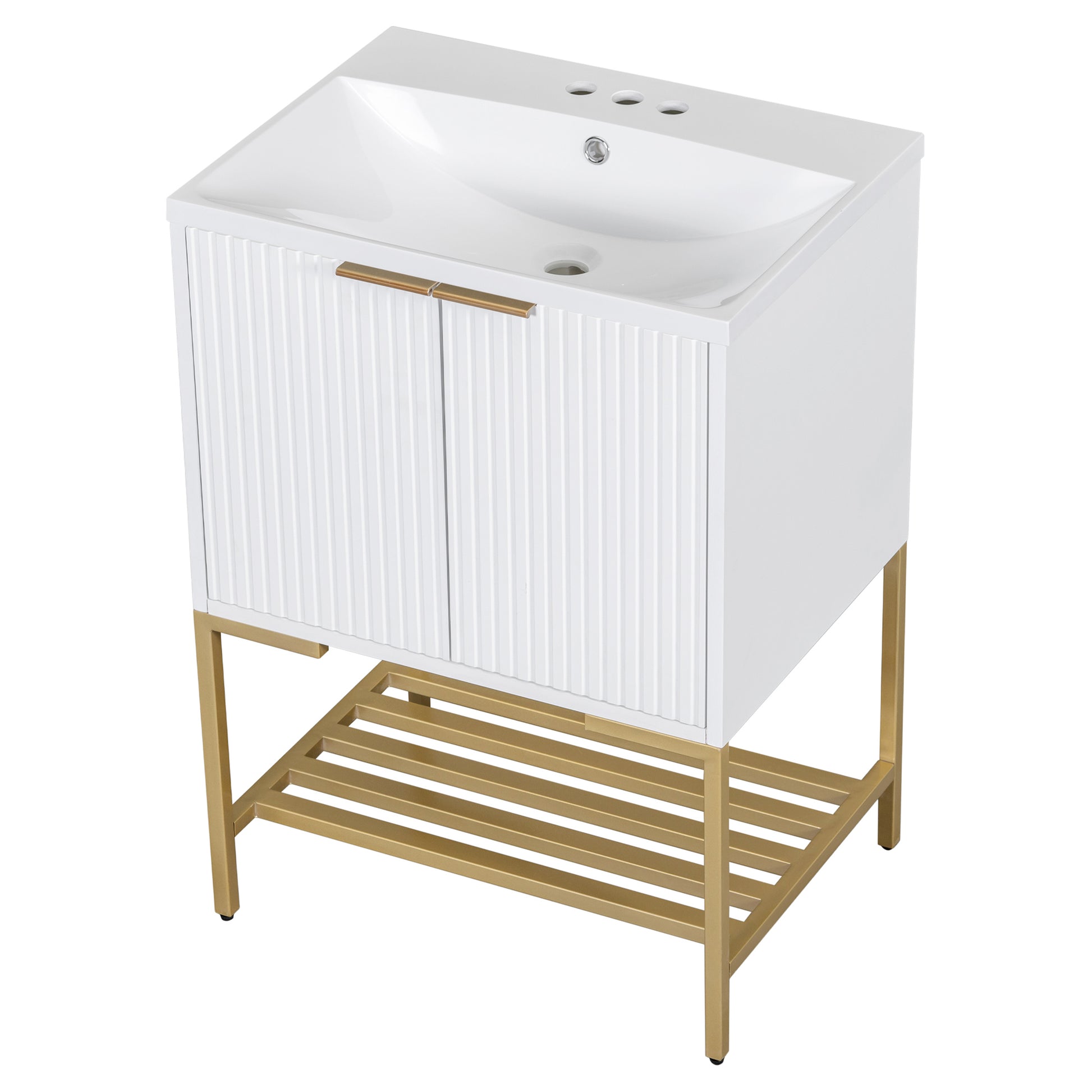 24" Bathroom Vanity With Sink, Bathroom Vanity Cabinet With Two Doors And Gold Metal Frame, Open Storage Shelf, White White Solid Wood Mdf