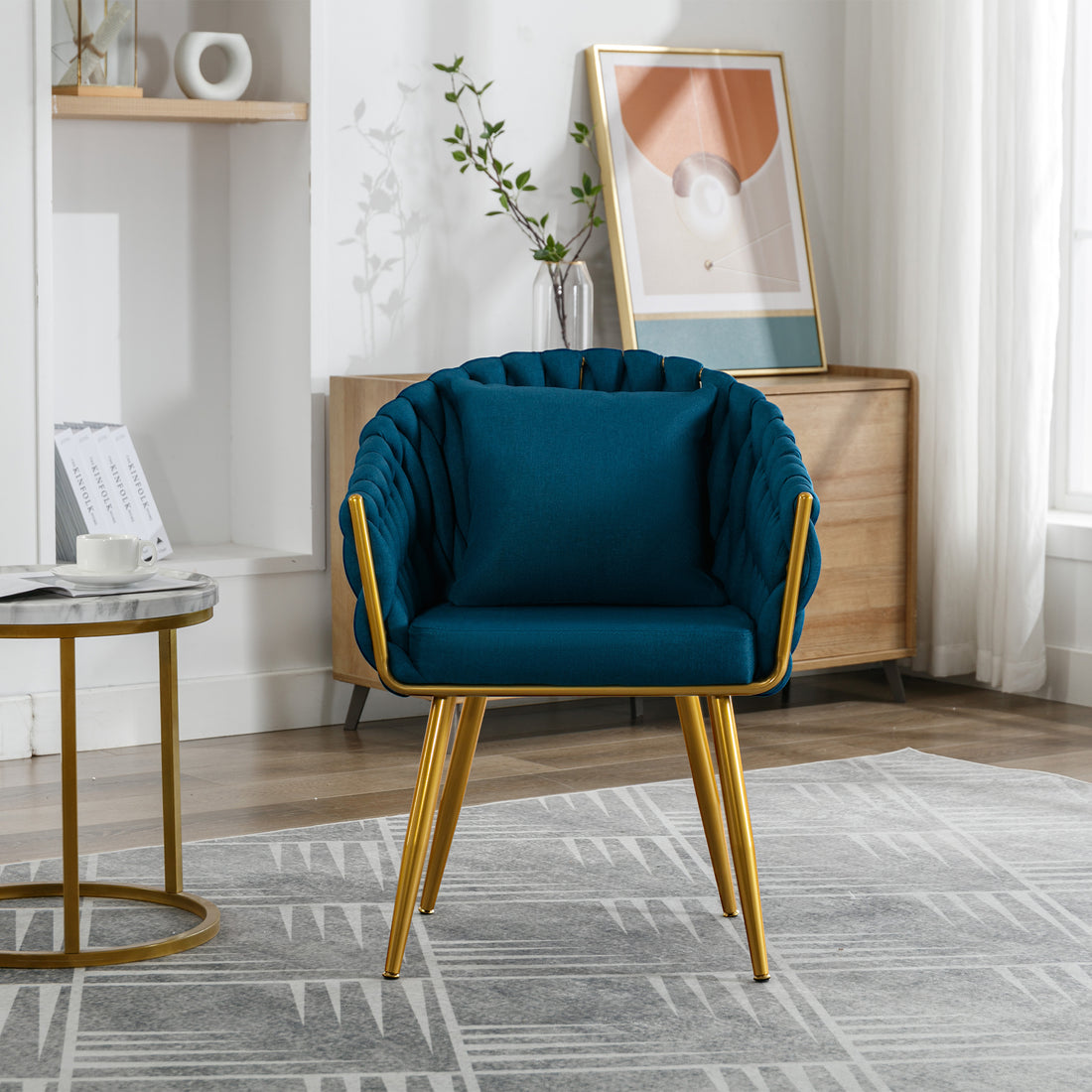 Handwoven Modern Chairs, Casual Chairs, Universal Foot Nails, Metal Chair Legs With Pillows Peacock Blue Navy Green Primary Living Space Linen